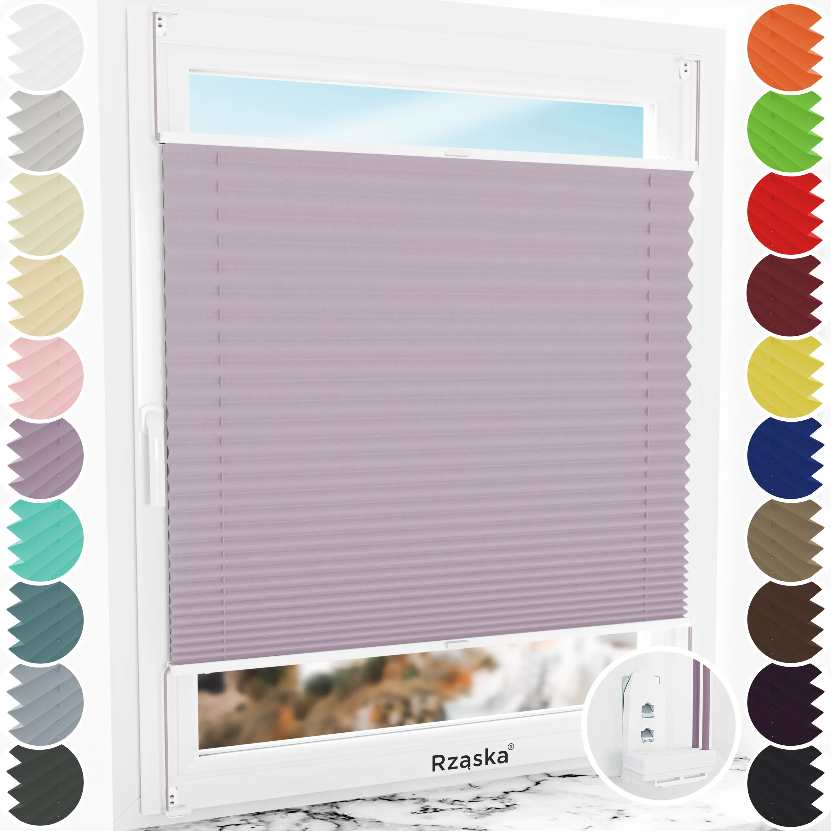 Inwazyjne plisy okienne Rząska® na wymiar, uchwyty Risinfix Double 2w1, kolekcja Thermo w kolorze Pastelowe winogrono, flioletowym z profilem białym.