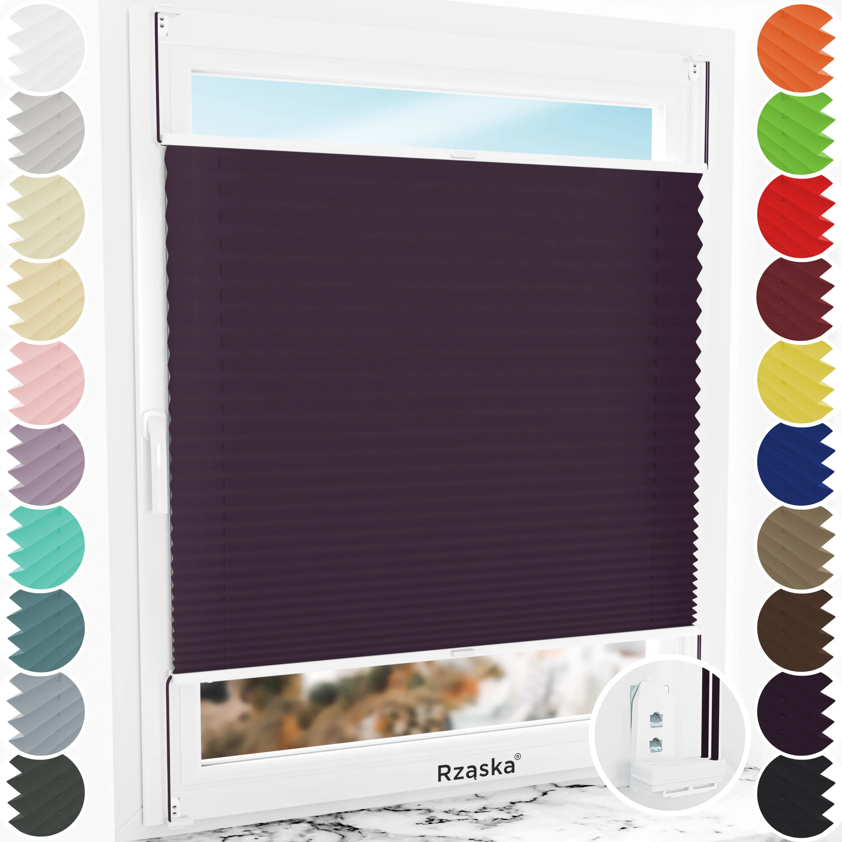 Inwazyjne plisy okienne Rząska® na wymiar, uchwyty Risinfix Double 2w1, kolekcja Thermo w kolorze Flioletowy raj, flioletowym z profilem białym.