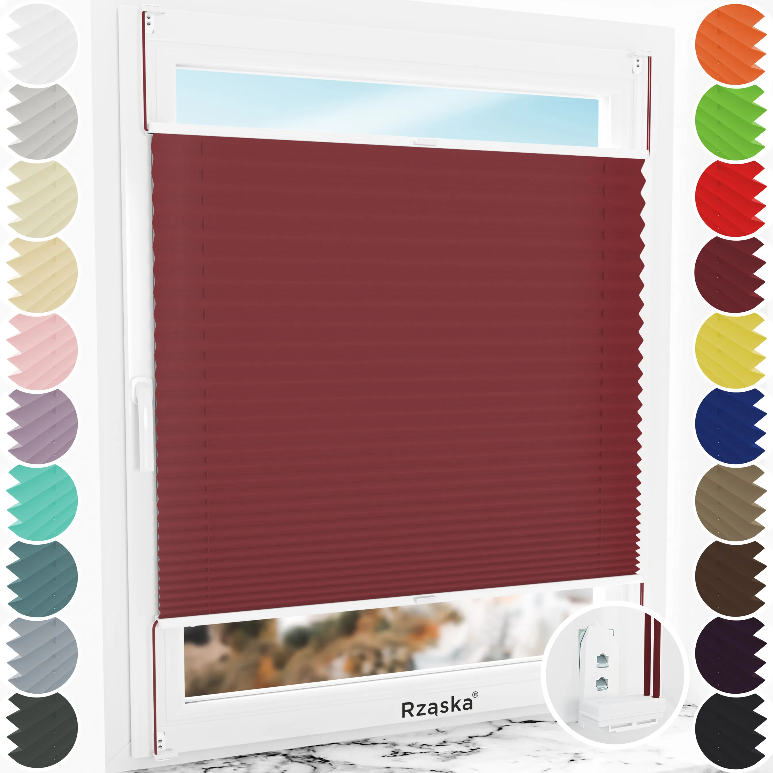 Inwazyjne plisy okienne Rząska® na wymiar, uchwyty Risinfix Double 2w1, kolekcja Thermo w kolorze Szkarłatne wino, czerwonym z profilem białym.