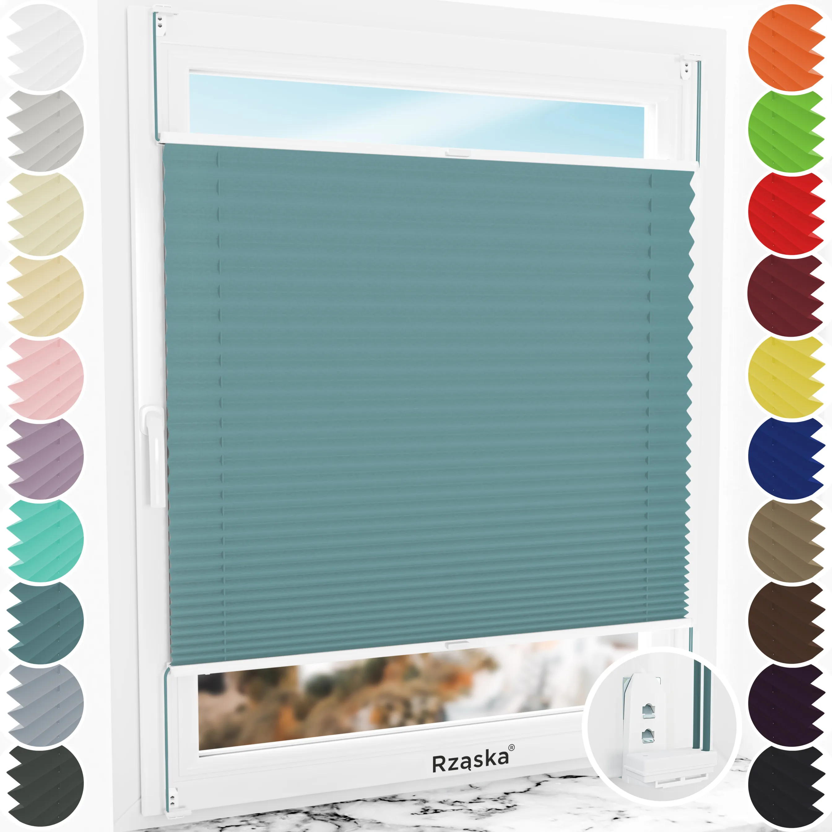 Inwazyjne plisy okienne Rząska® na wymiar, uchwyty Risinfix Double 2w1, kolekcja Thermo w kolorze Turkusowa aura, niebieskim z profilem białym.