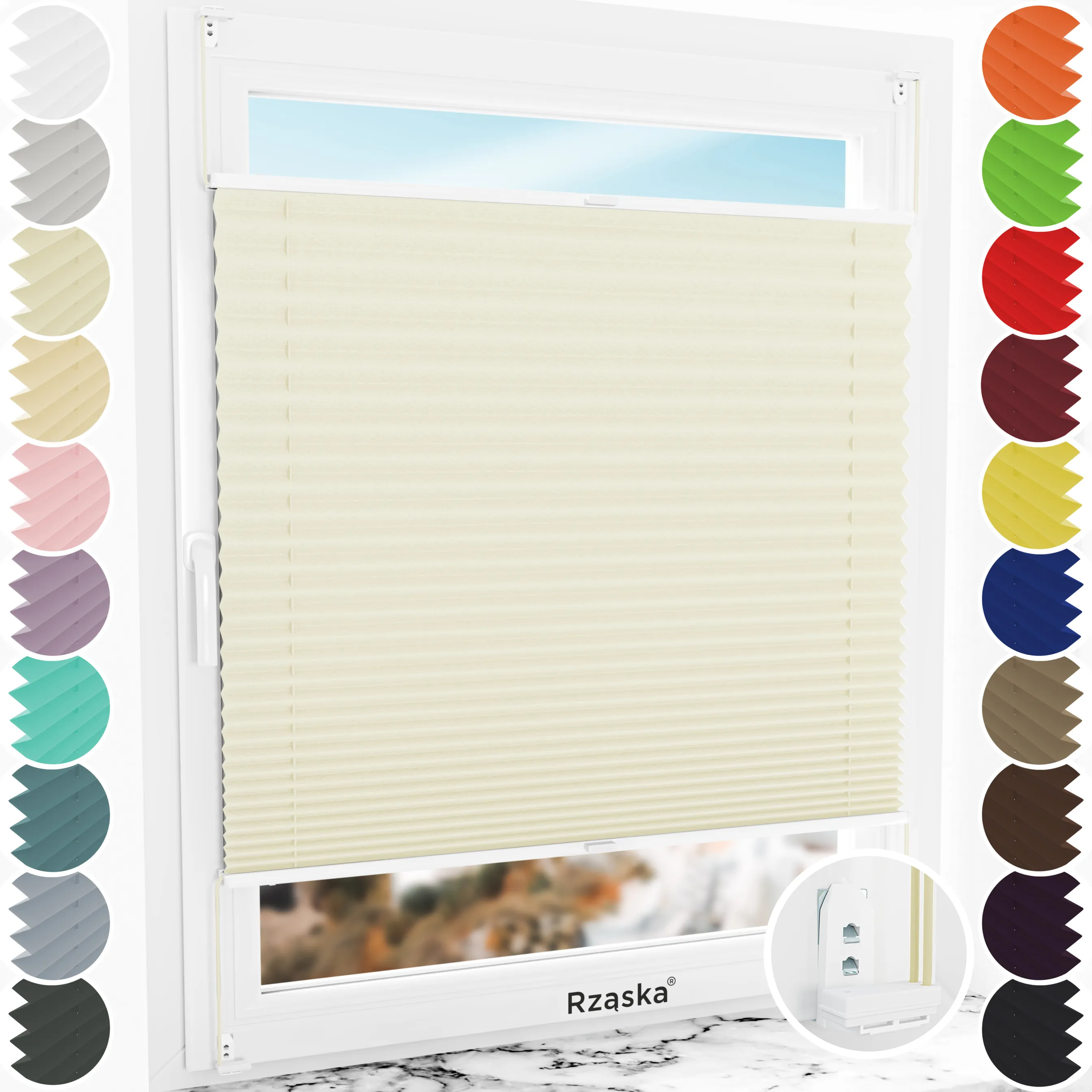 Inwazyjne plisy okienne Rząska® na wymiar, uchwyty Risinfix Double 2w1, kolekcja Thermo w kolorze Piaskowiec, beżowym z profilem białym.