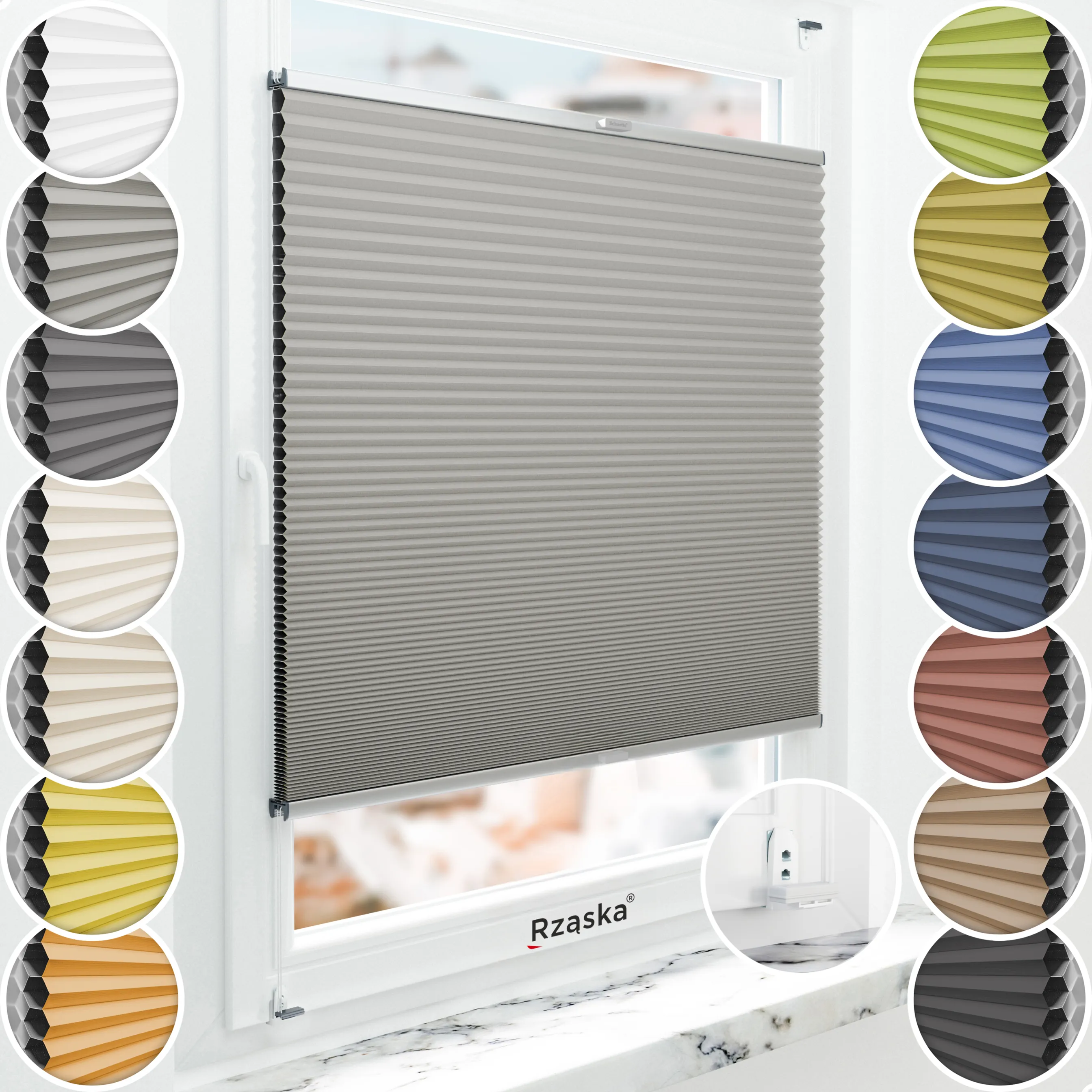 Inwazyjne plisy zaciemniające Rząska® na wymiar o strukturze plastra miodu kolekcja Honeycomb w kolorze Srebrna mgiełka, szarym z profilem srebrnym.