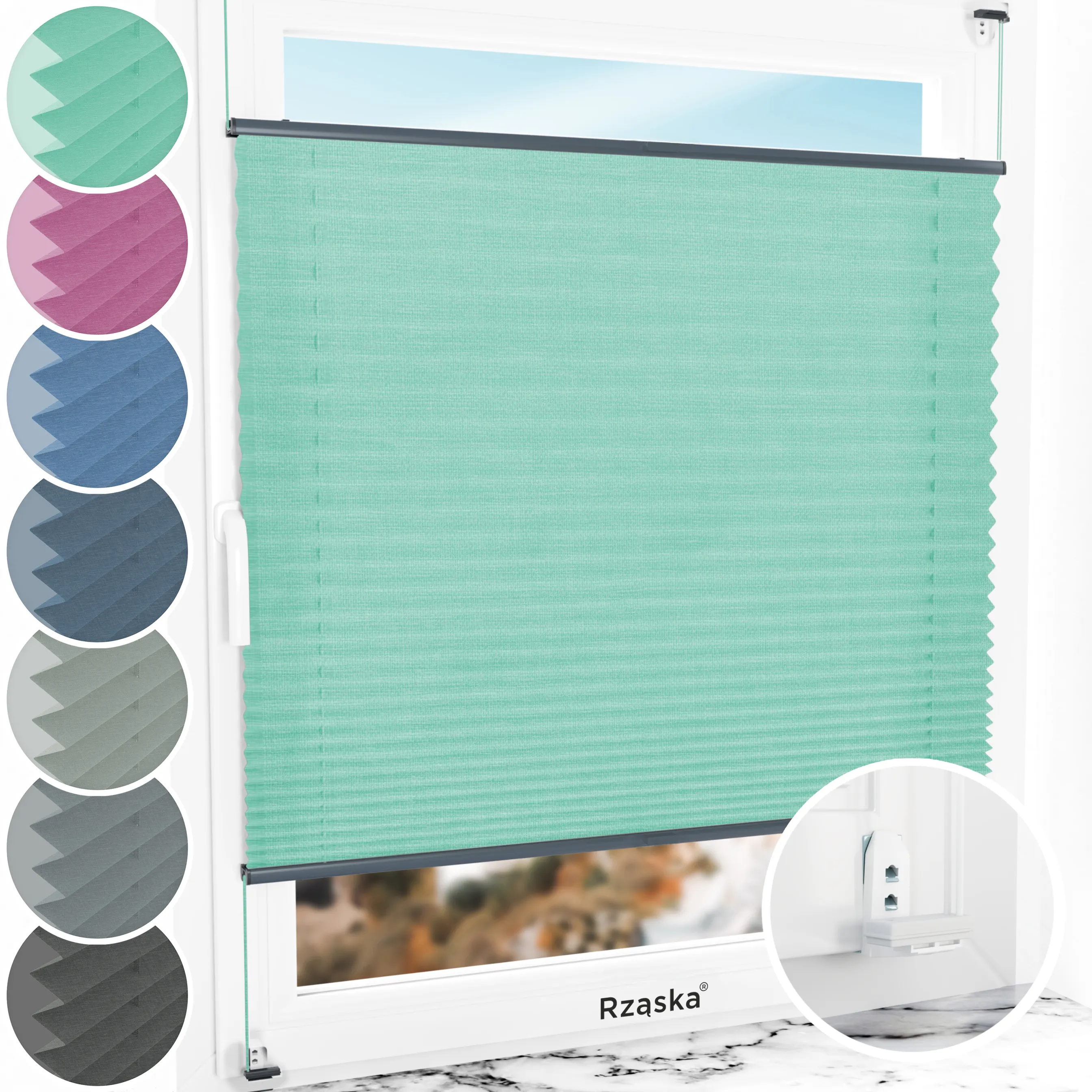 Inwazyjne rolety okienne wewnętrzne Rząska® na wymiar, uchwyty Risinfix Double 2w1, kolekcja Melange w kolorze Miętowe lody, zielonym z profilem antracytowym.