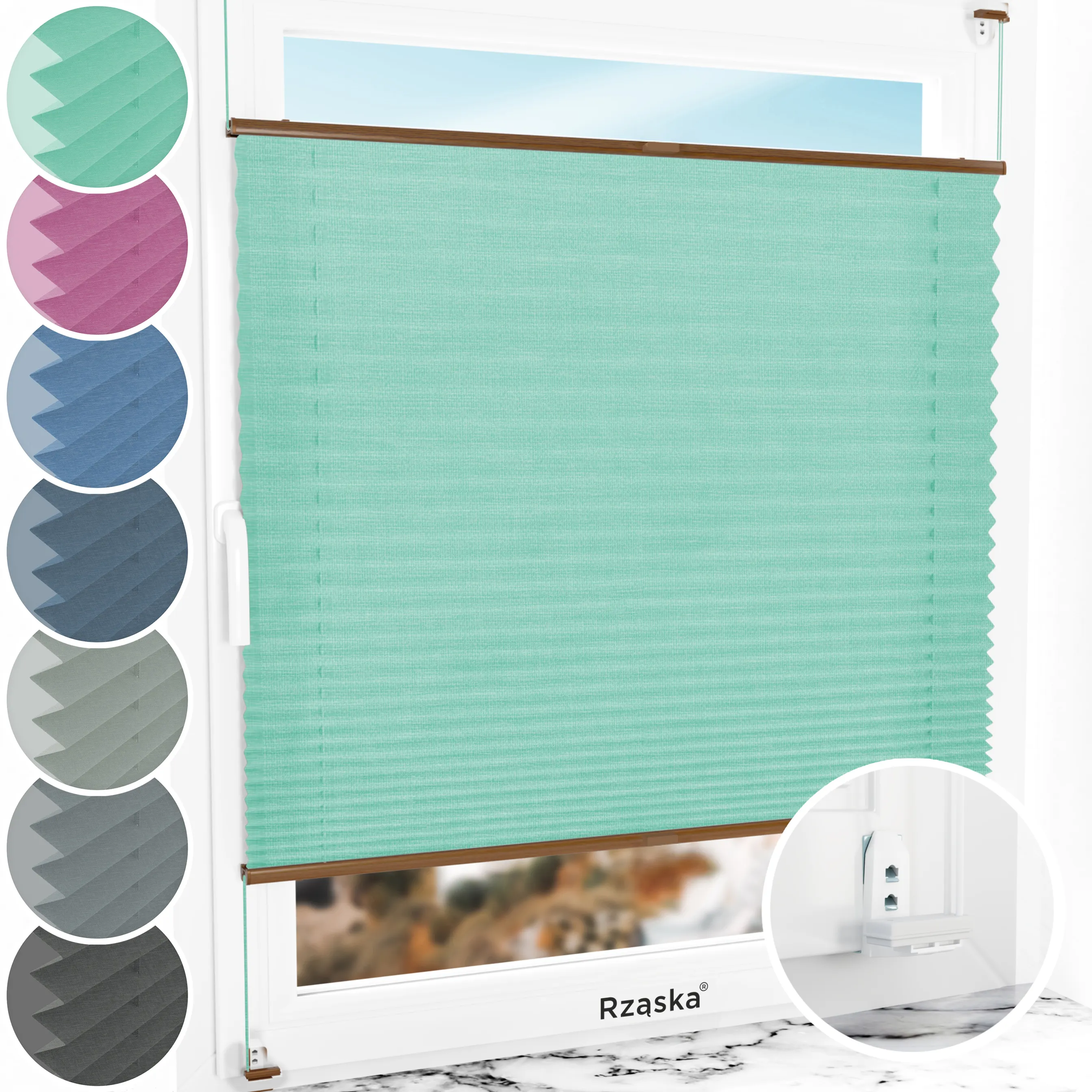 Inwazyjne rolety okienne wewnętrzne Rząska® na wymiar, uchwyty Risinfix Double 2w1, kolekcja Melange w kolorze Miętowe lody, zielonym z profilem dębowym.