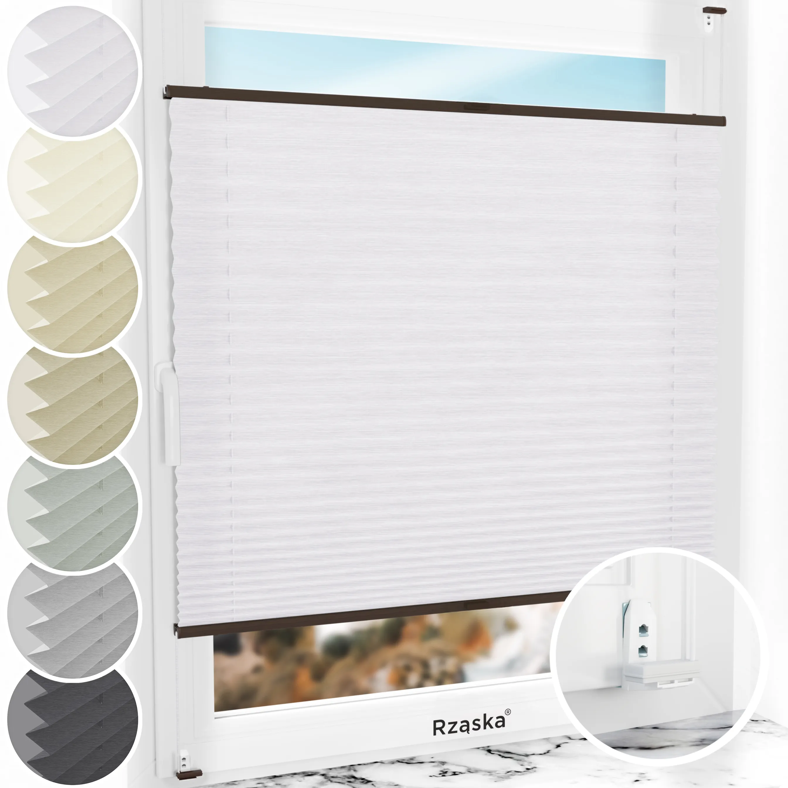 Inwazyjne plisy okienne Rząska® na wymiar, uchwyty Risinfix Double 2w1, kolekcja Dolomite w kolorze Zimny poranek, szarym z profilem orzechowym.