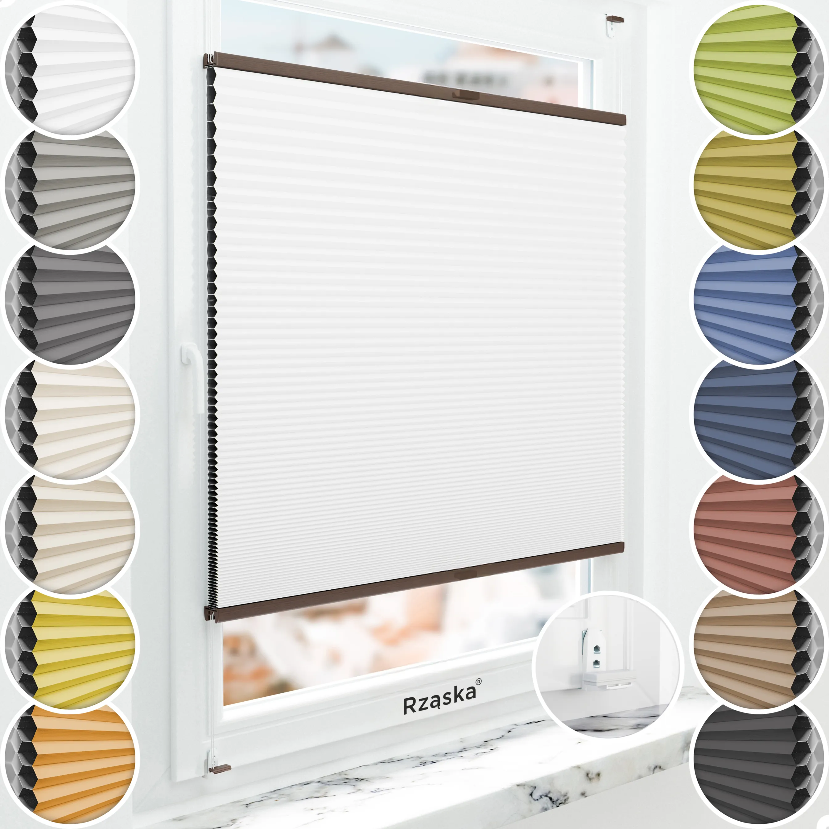 Inwazyjne plisy zaciemniające Rząska® na wymiar o strukturze plastra miodu kolekcja Honeycomb w kolorze Światło księżyca, białym z profilem orzechowym.