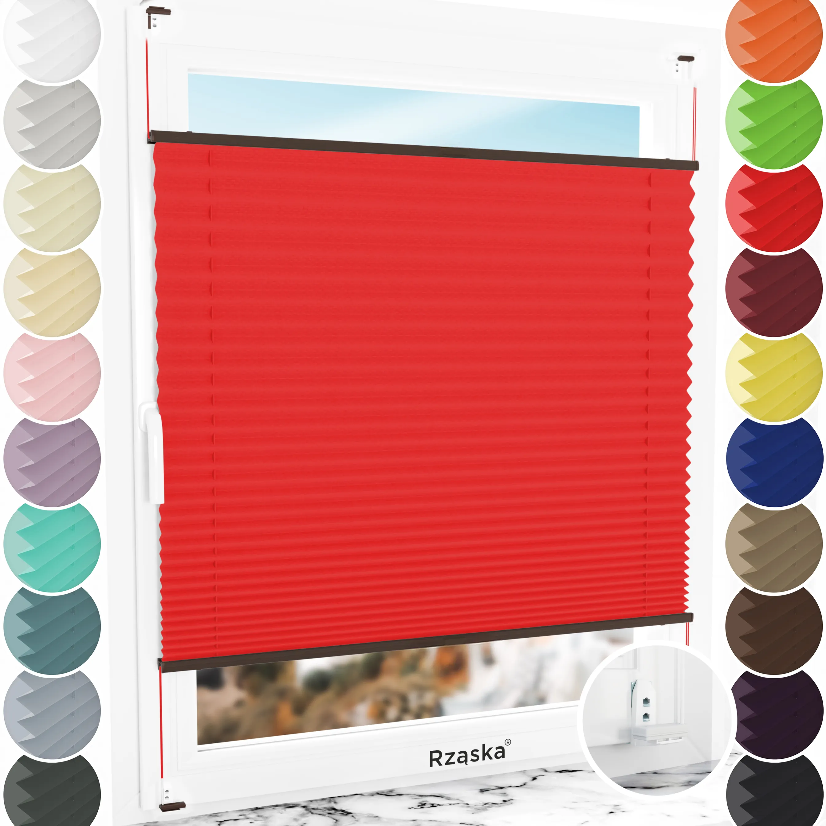 Inwazyjne plisy okienne Rząska® na wymiar, uchwyty Risinfix Double 2w1, kolekcja Thermo w kolorze Urok wiśni, czerwonym z profilem orzechowym.