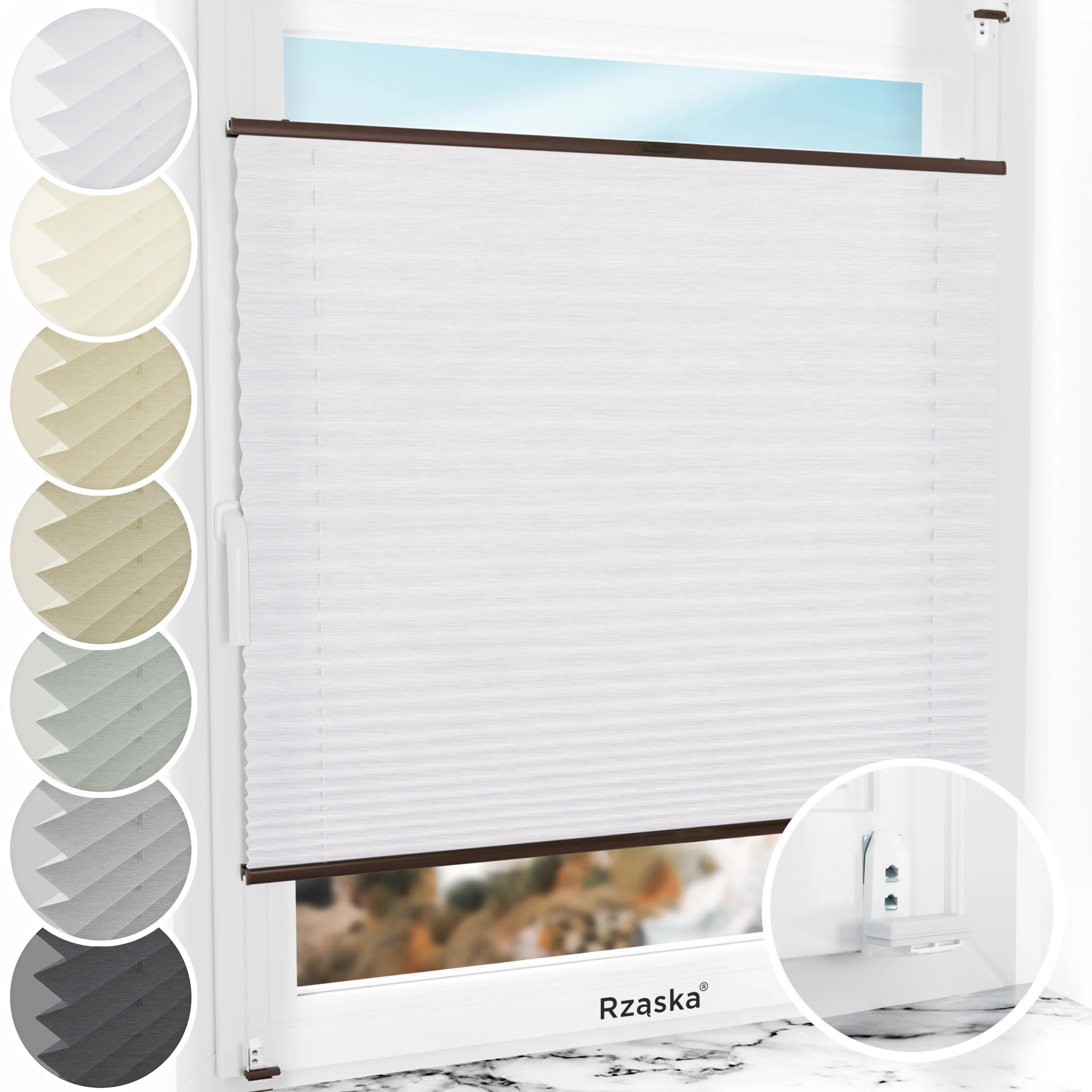 Inwazyjne plisy okienne Rząska® na wymiar, uchwyty Risinfix Double 2w1, kolekcja Dolomite w kolorze Zimny poranek, szarym z profilem brązowym.