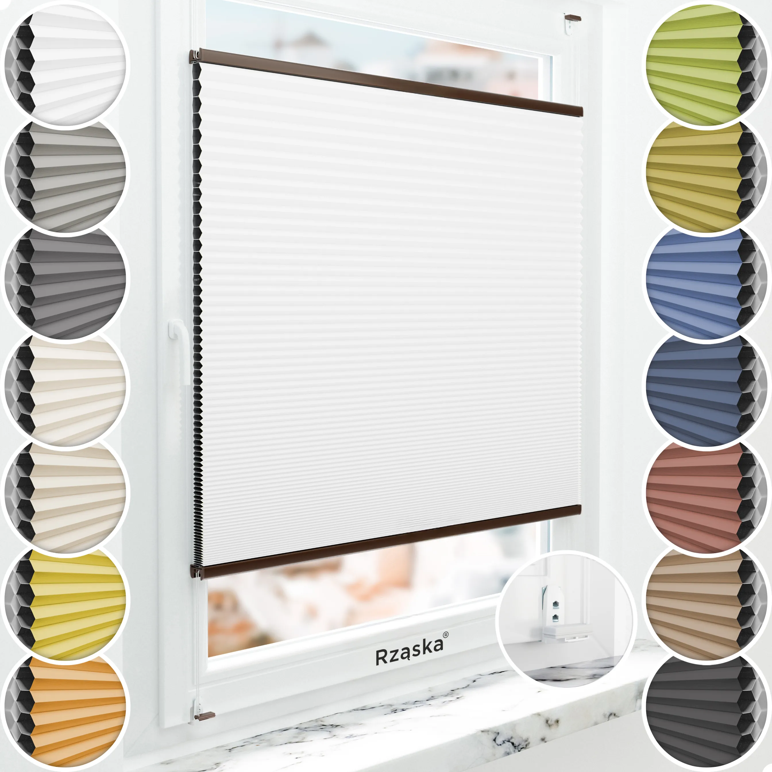 Inwazyjne plisy zaciemniające Rząska® na wymiar o strukturze plastra miodu kolekcja Honeycomb w kolorze Światło księżyca, białym z profilem brązowym.