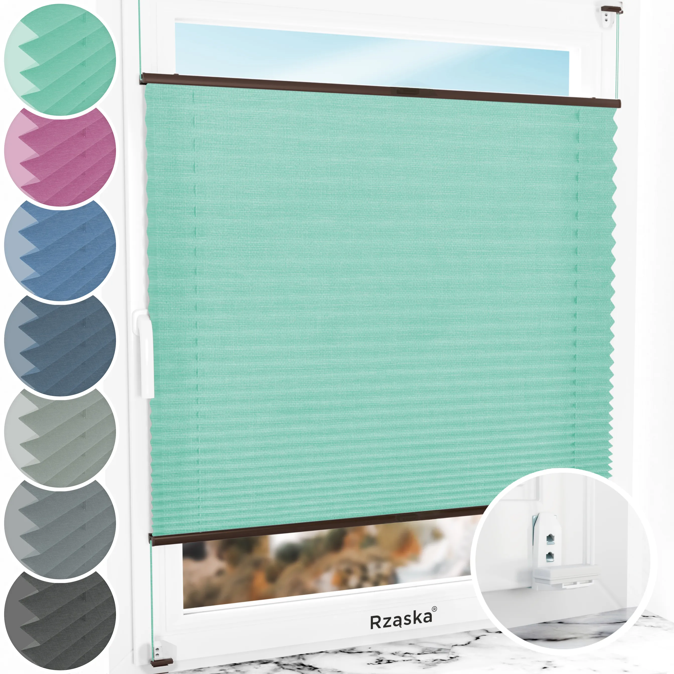 Inwazyjne rolety okienne wewnętrzne Rząska® na wymiar, uchwyty Risinfix Double 2w1, kolekcja Melange w kolorze Miętowe lody, zielonym z profilem brązowym.