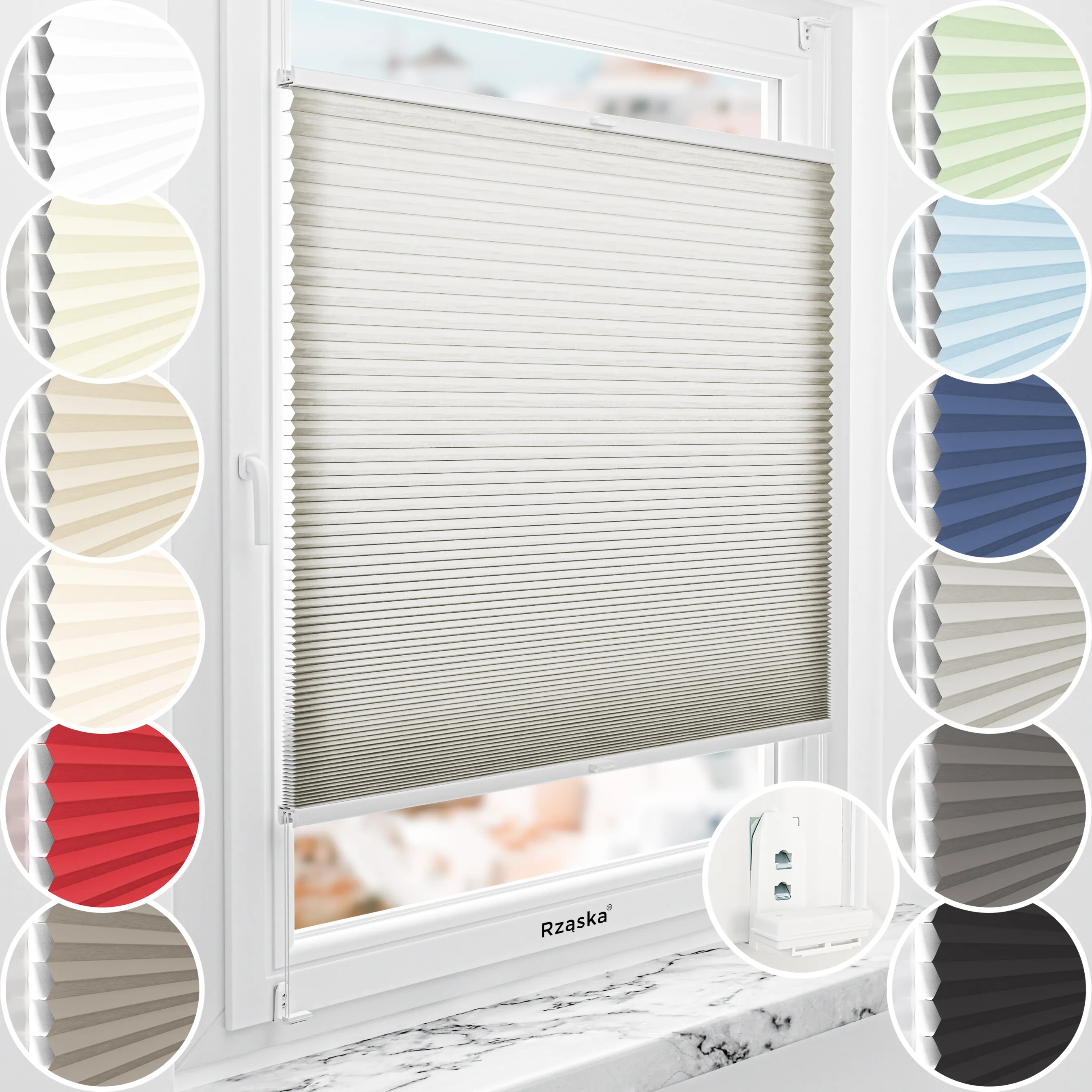 Rząska® bezinwazyjna roleta termoizolacyjna na wymiar • Thermo Honeycomb (Plaster Miodu): kolor tkaniny Chia Pudding, szary • Risinfix Double 2w1 • Kolor profili: orzech