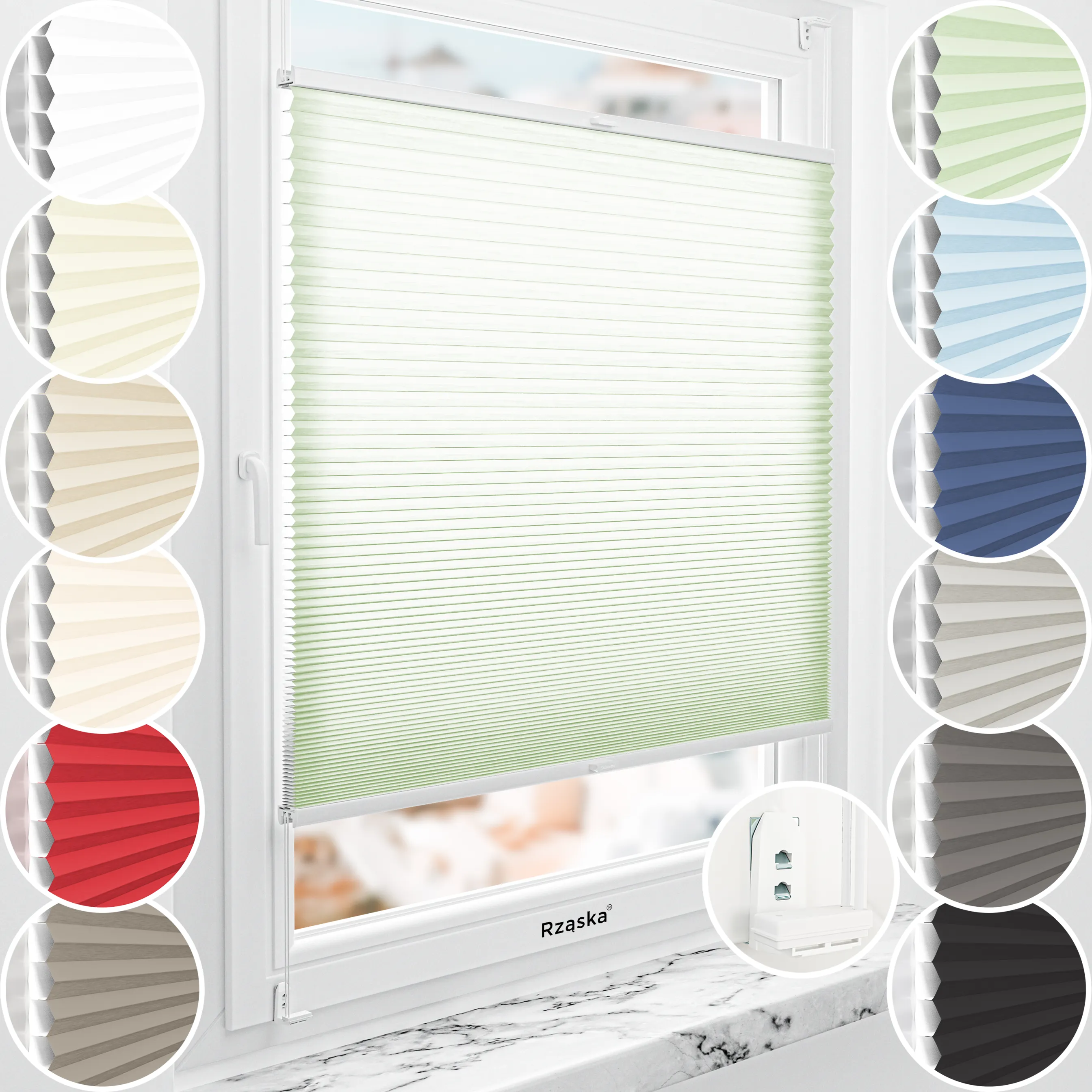 Rząska® bezinwazyjna roleta termoizolacyjna na wymiar • Thermo Honeycomb (Plaster Miodu): kolor tkaniny Matcha Latte, pastelowa zieleń • Risinfix Double 2w1 • kolor profili biały