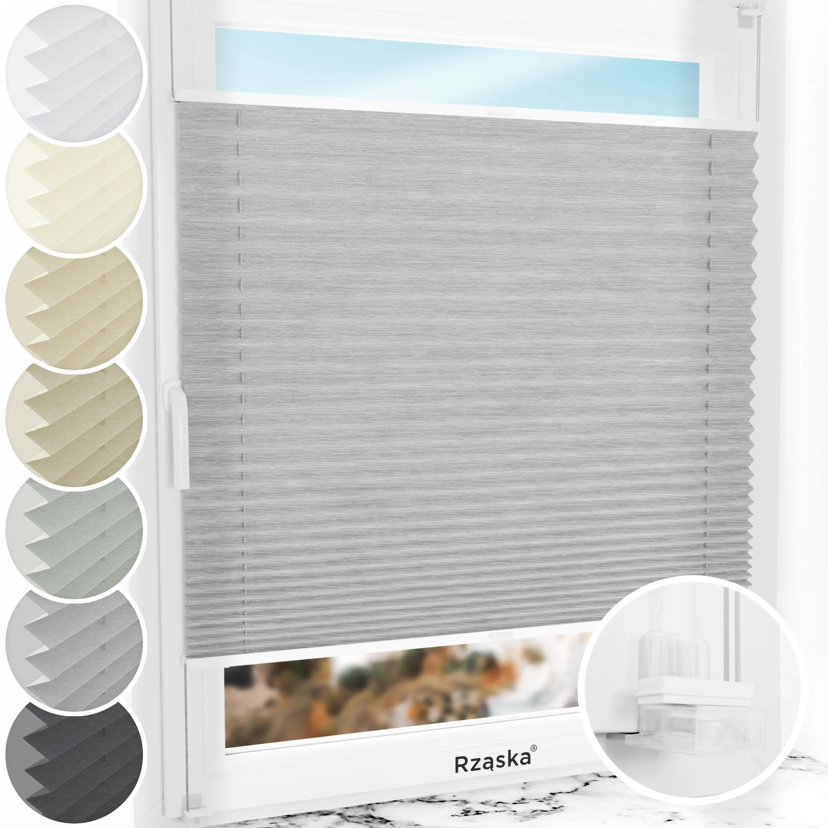 Bezinwazyjne plisy na okno Rząska® pod na wymiar, uchwyty Risinfix Incognito X do zaciskania, kolekcja Dolomite w kolorze Szary sztorm, szarym z profilem białym.