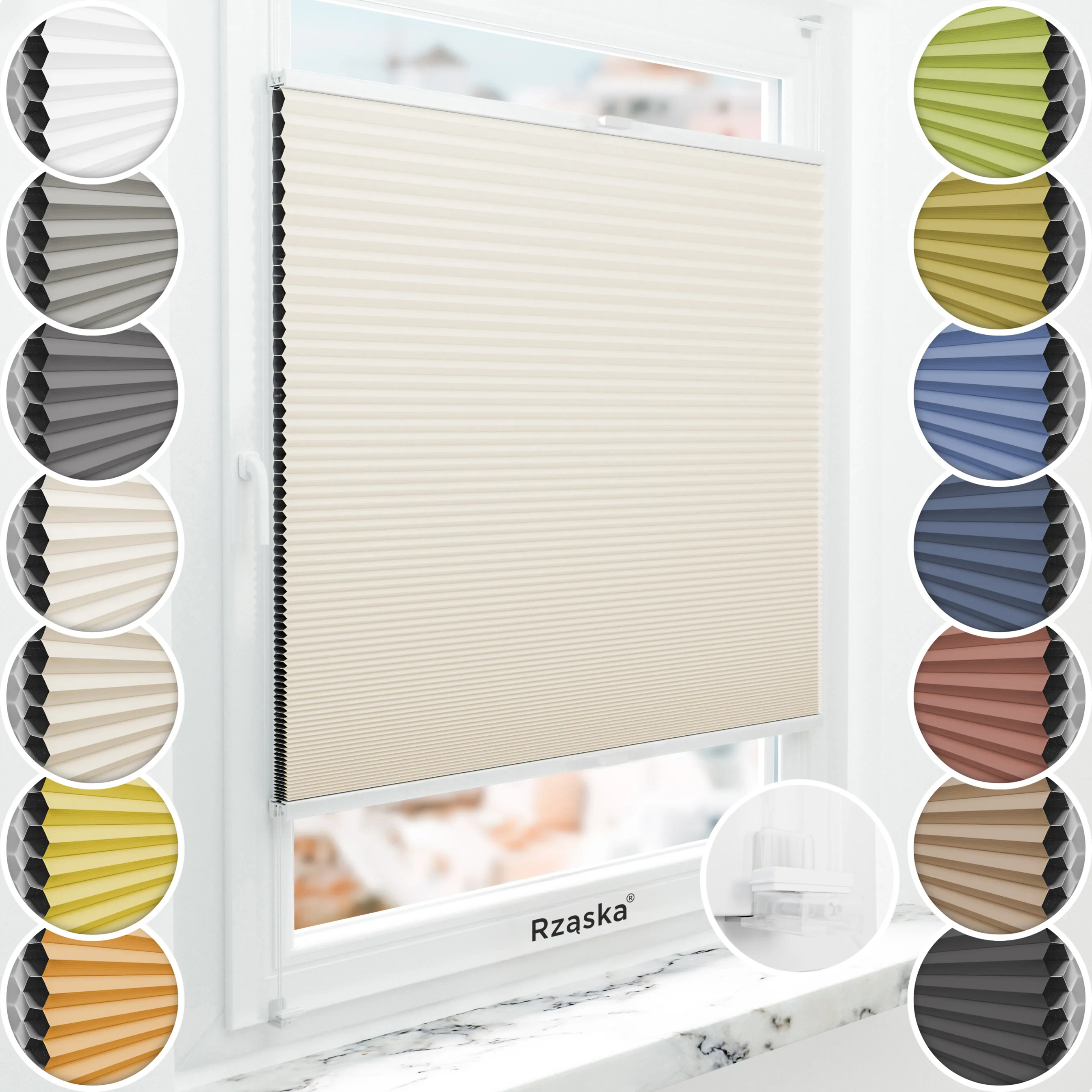 Bezinwazyjne plisy okienne Rząska® na wymiar o strukturze plastra miodu kolekcja Honeycomb w kolorze Spokojne wybrzeże, beżowym z profilem białym.