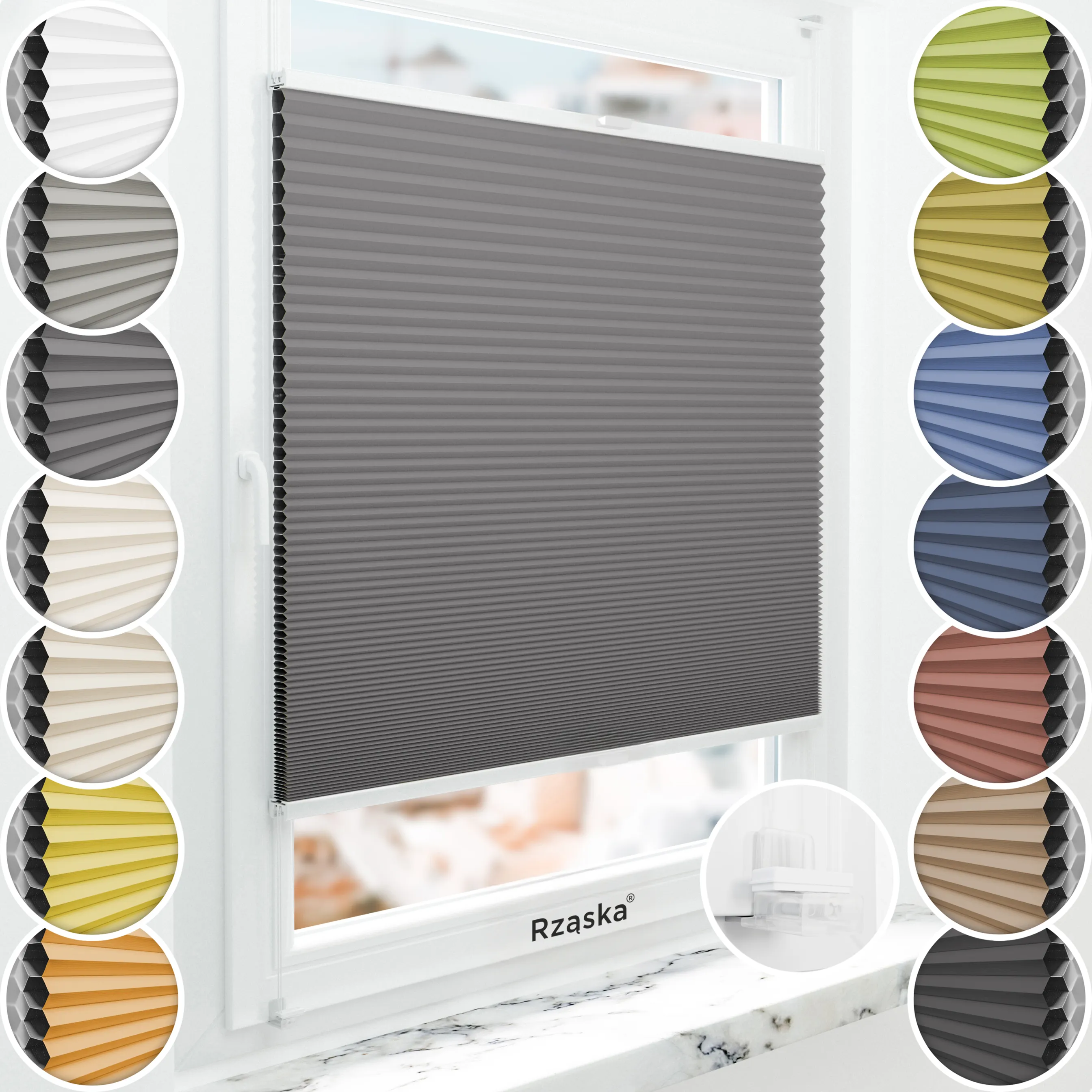 Bezinwazyjne plisy okienne Rząska® na wymiar o strukturze plastra miodu kolekcja Honeycomb w kolorze Tango o zmierzchu, szarym z profilem białym.