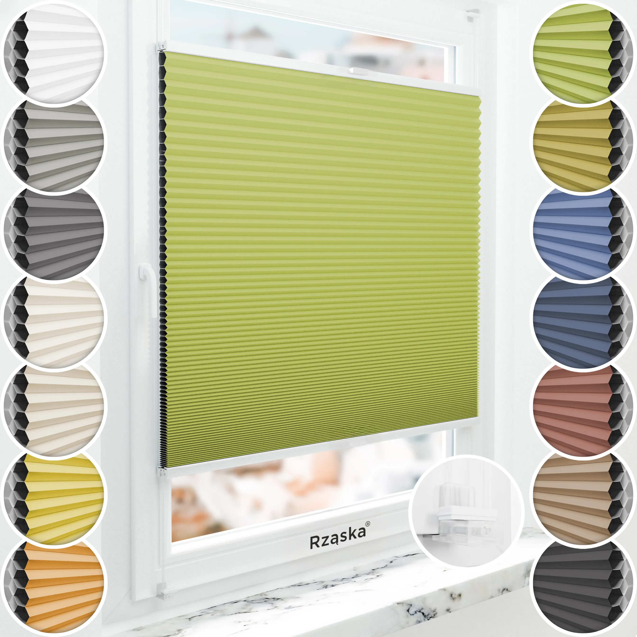 Bezinwazyjne plisy okienne Rząska® na wymiar o strukturze plastra miodu kolekcja Honeycomb w kolorze Zielona herbata, zielonym z profilem białym.