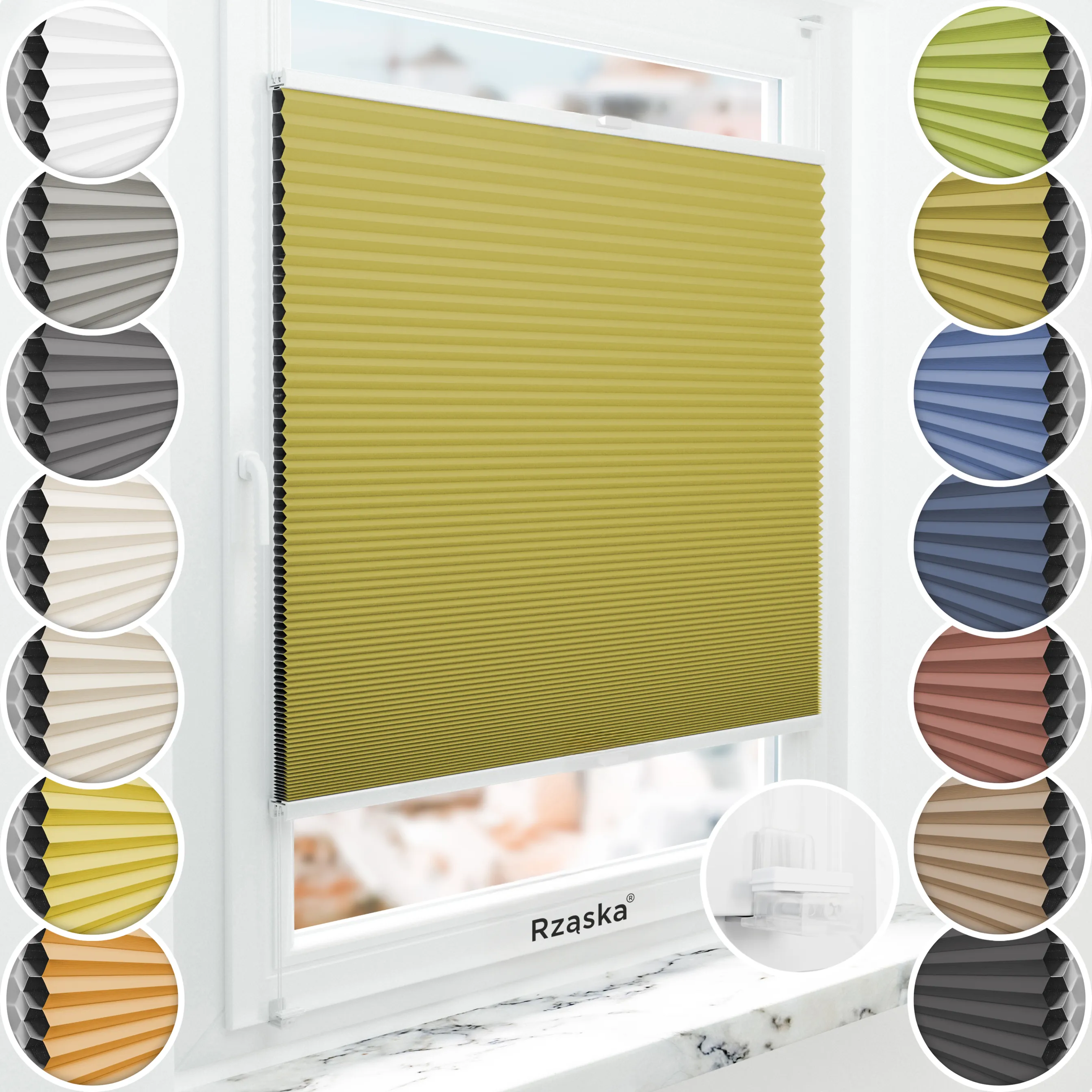 Bezinwazyjne plisy okienne Rząska® na wymiar o strukturze plastra miodu kolekcja Honeycomb w kolorze Gałązka oliwna, żółtym z profilem białym.