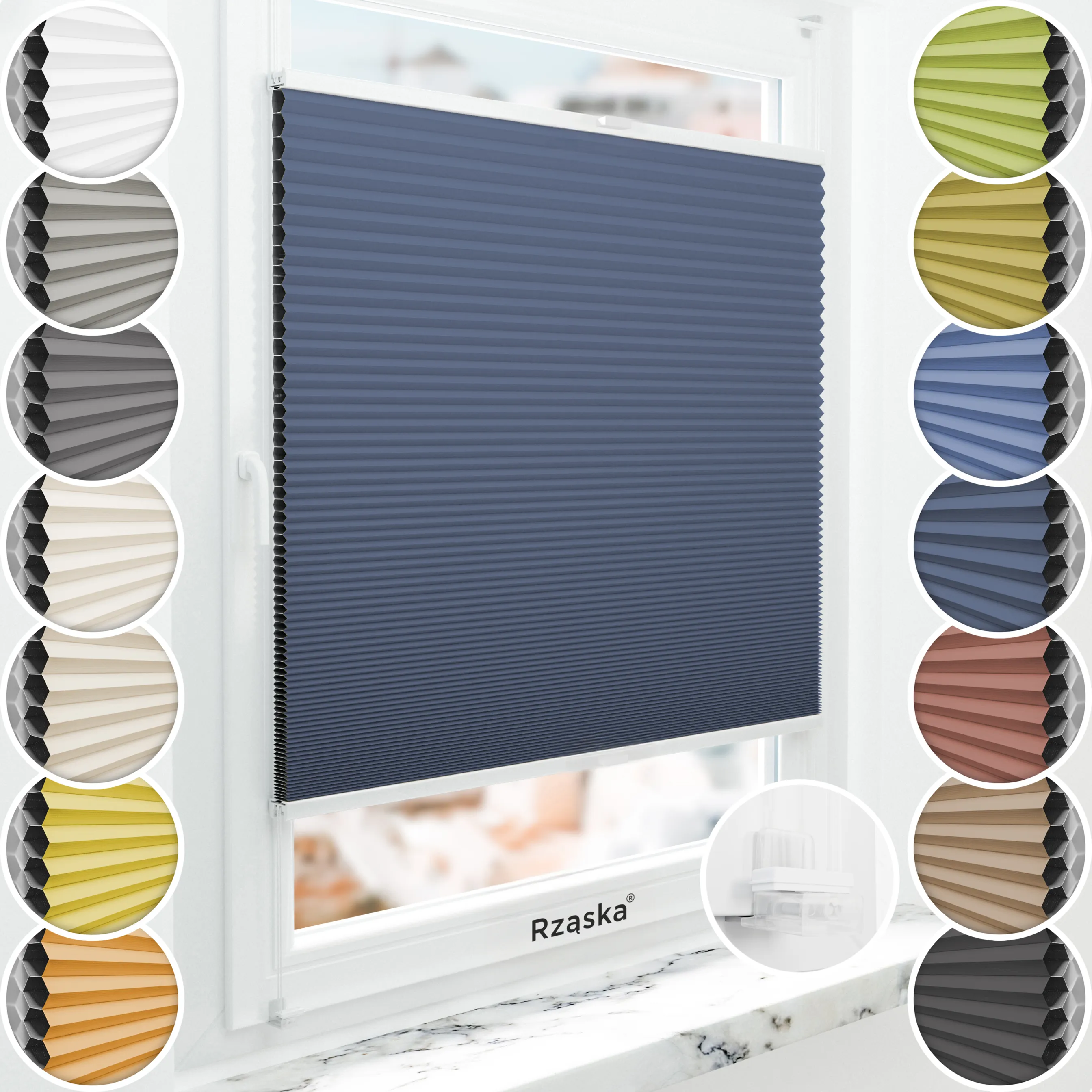 Bezinwazyjne plisy okienne Rząska® na wymiar o strukturze plastra miodu kolekcja Honeycomb w kolorze Arktyczny ocean, ciemnoniebieskim z profilem białym.