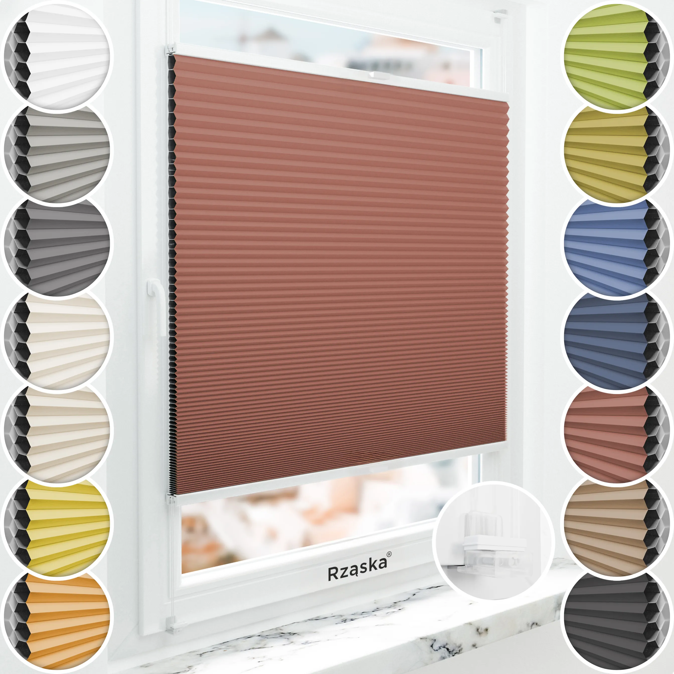 Bezinwazyjne plisy okienne Rząska® na wymiar o strukturze plastra miodu kolekcja Honeycomb w kolorze Płatek maku, czerwonym z profilem białym.