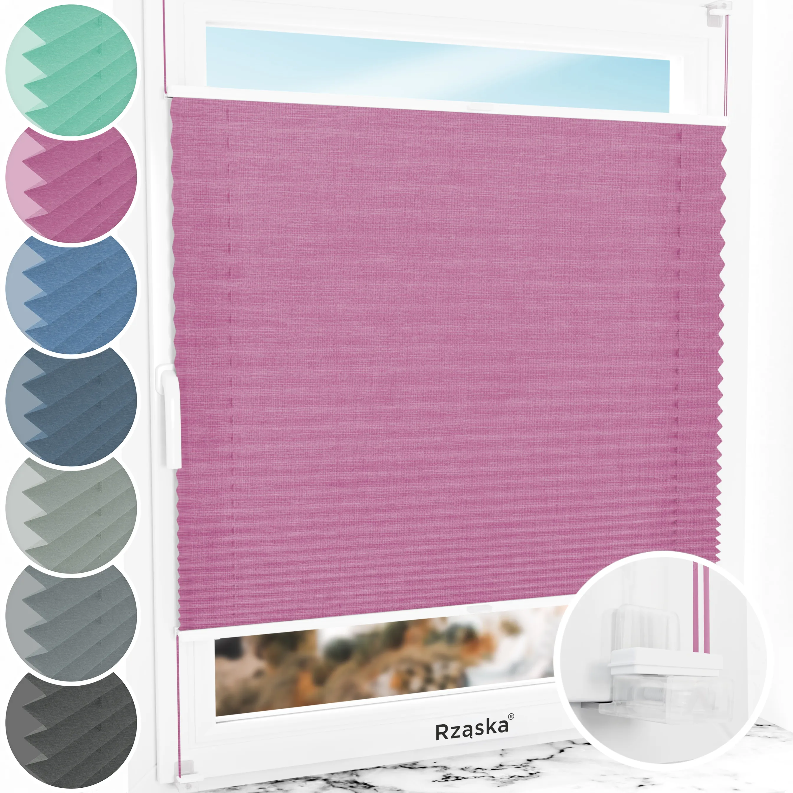 Bezinwazyjne plisy okienne Rząska® na wymiar, uchwyty Risinfix Incognito X do zaciskania, kolekcja Melange w kolorze Magiczny róż, różowym z profilem białym.