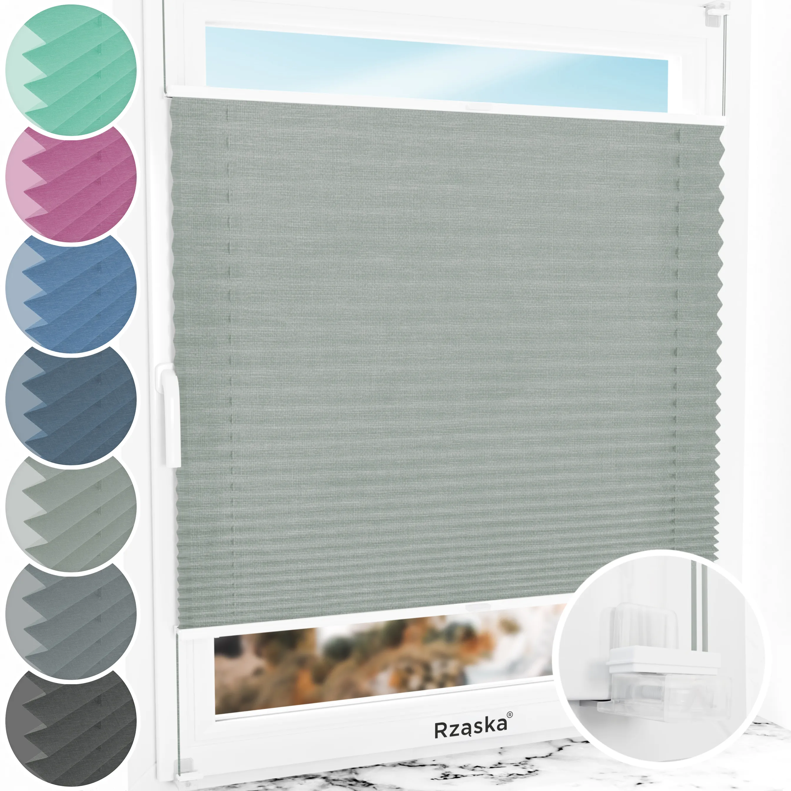 Bezinwazyjne plisy okienne Rząska® na wymiar, uchwyty Risinfix Incognito X do zaciskania, kolekcja Melange w kolorze W drodze, szarym z profilem białym.