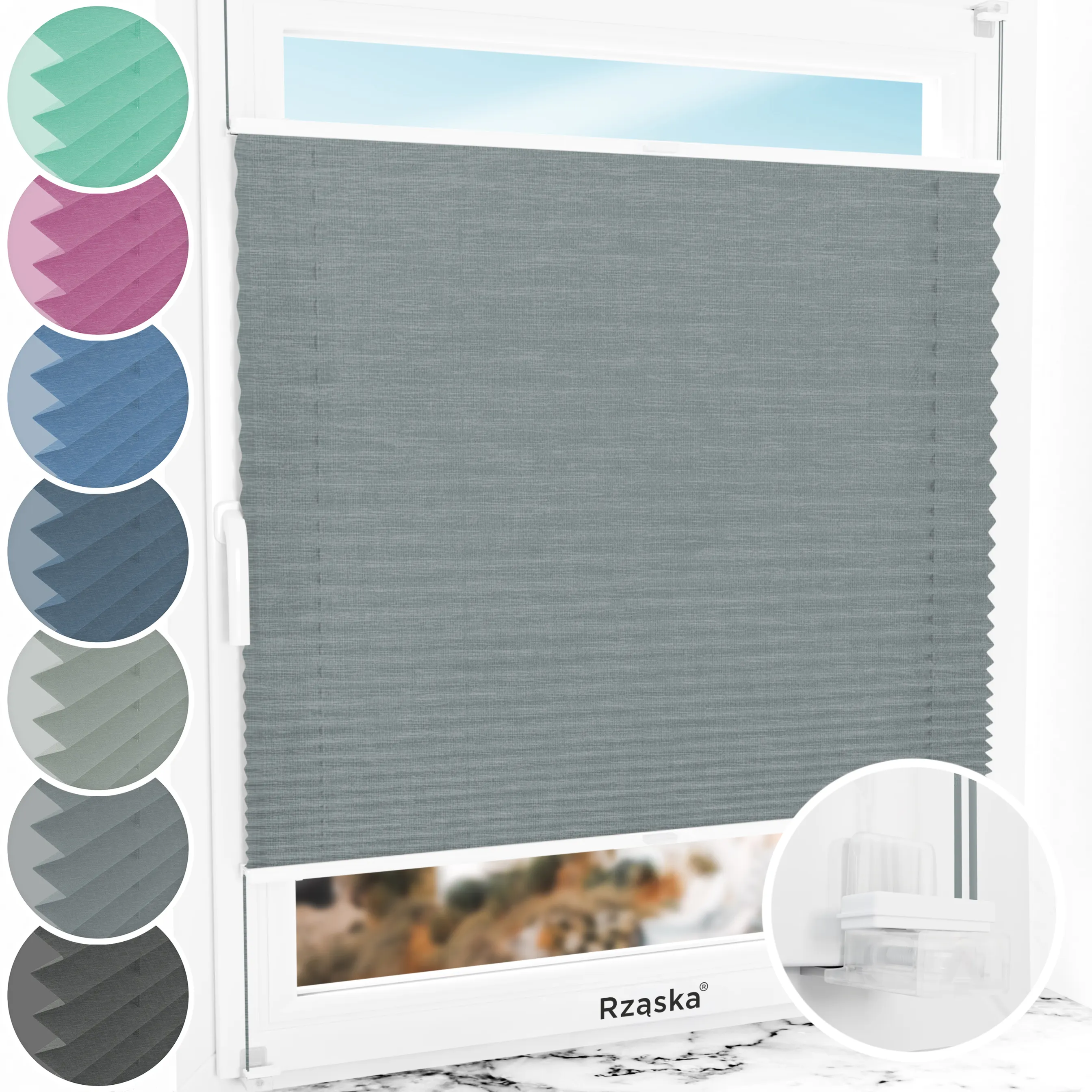 Bezinwazyjne plisy okienne Rząska® na wymiar, uchwyty Risinfix Incognito X do zaciskania, kolekcja Melange w kolorze Góry skaliste, szarym z profilem białym.