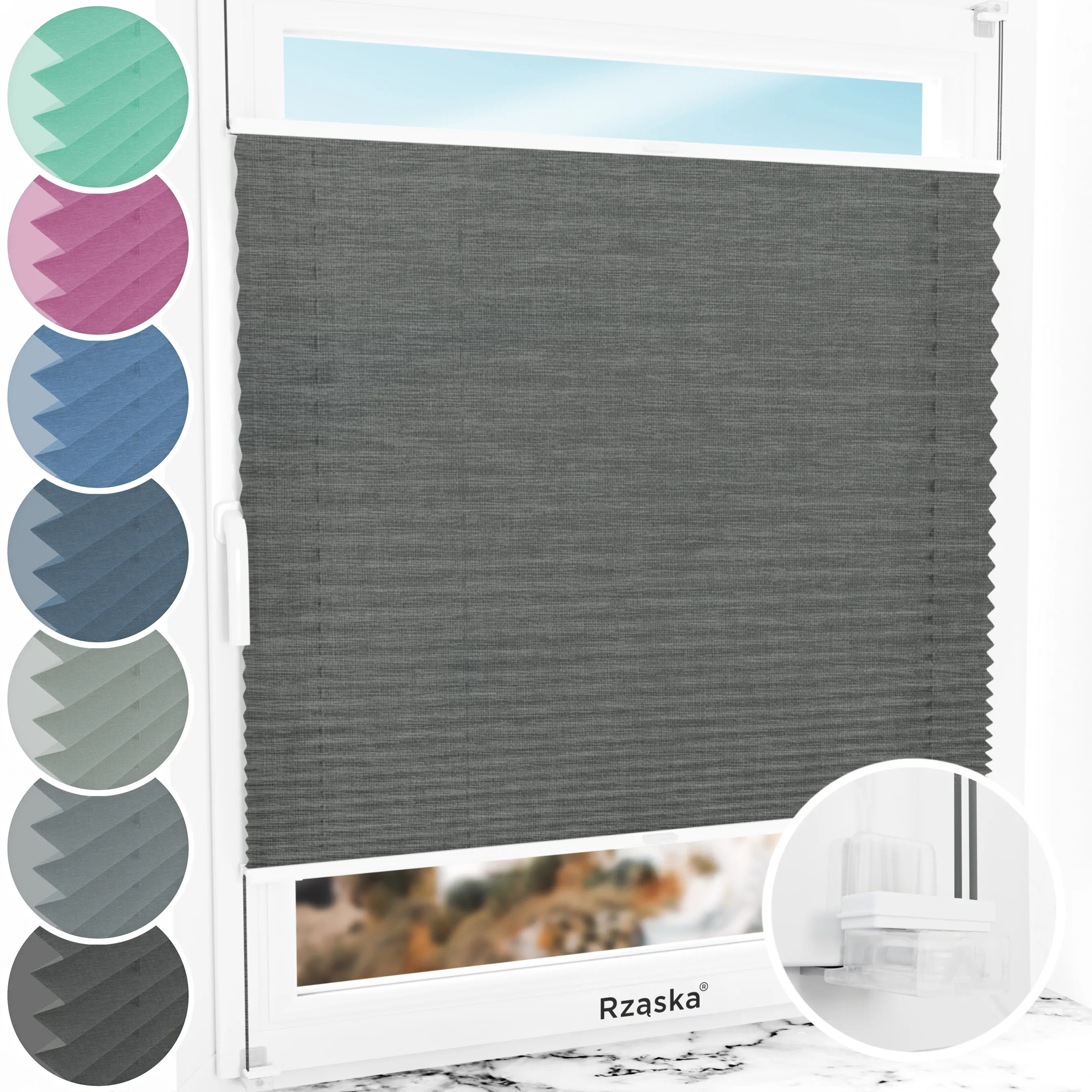 Bezinwazyjne plisy okienne Rząska® na wymiar, uchwyty Risinfix Incognito X do zaciskania, kolekcja Melange w kolorze Czarna perła, czarnym z profilem białym.
