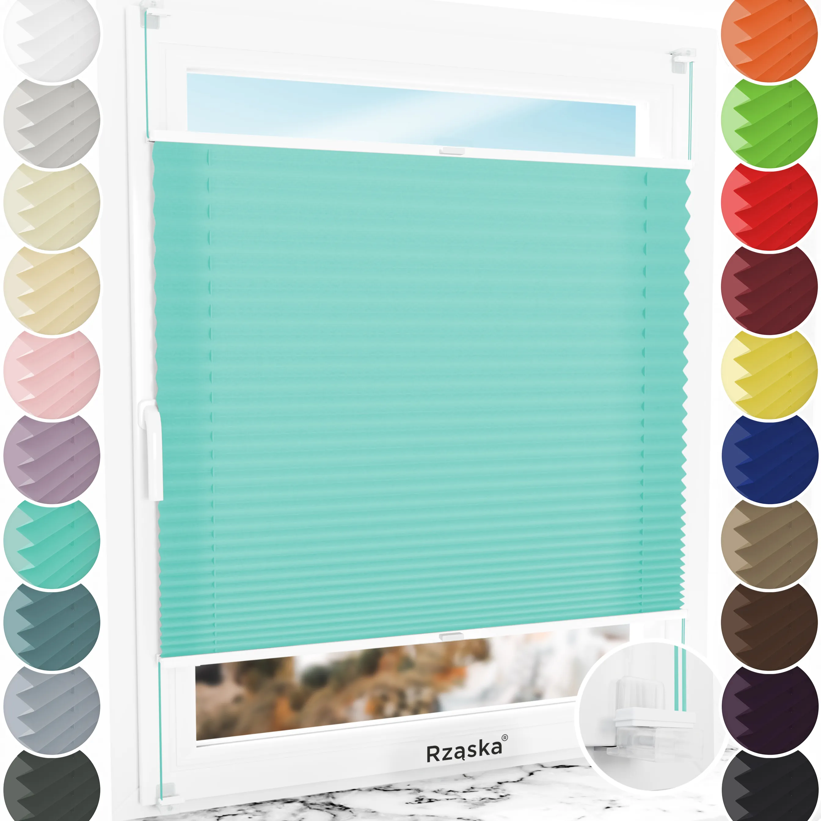 Bezinwazyjne plisy okienne Rząska® na wymiar, uchwyty Risinfix Incognito X do zaciskania, kolekcja Premium w kolorze Błękitny ocean, turkusowym z profilem białym.