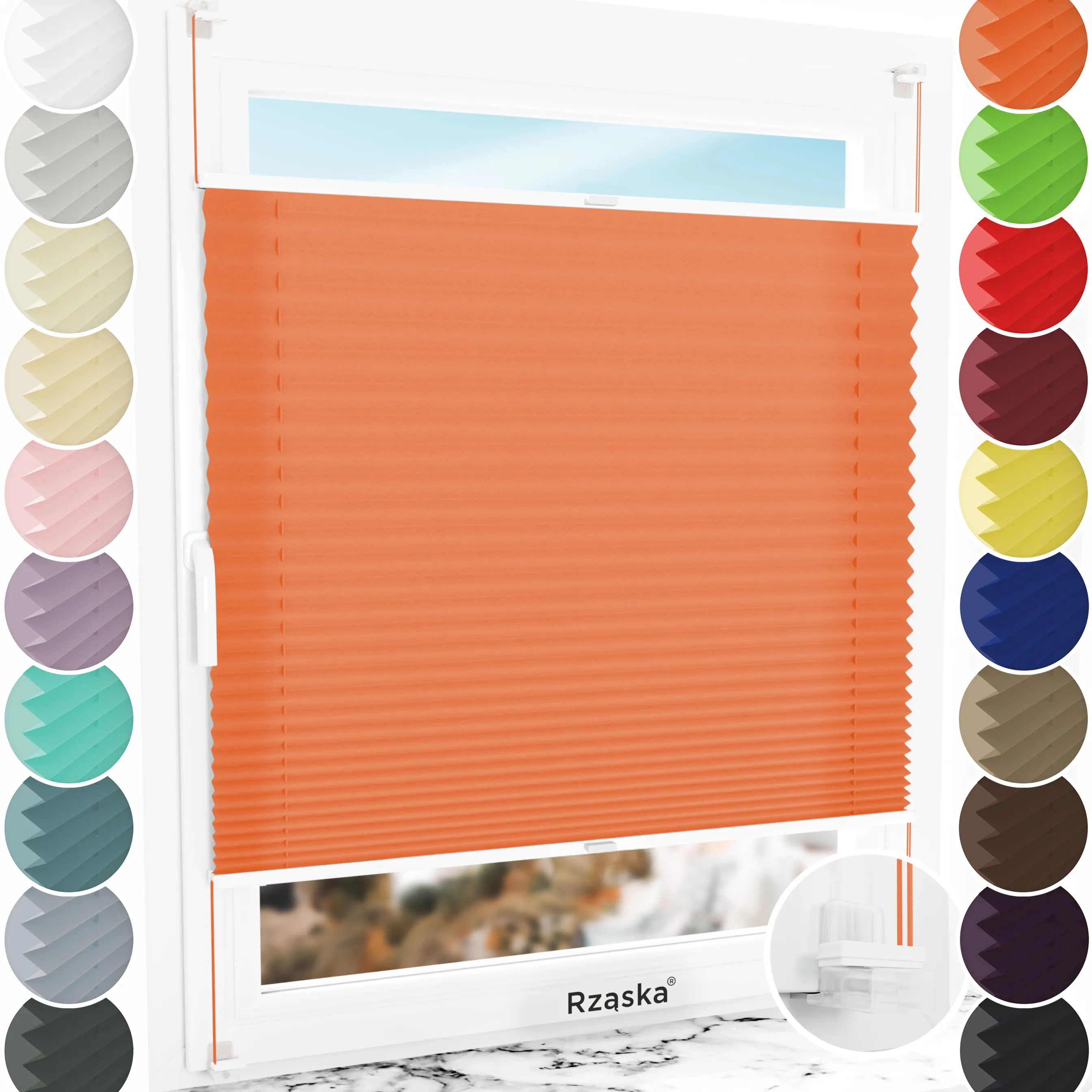 Bezinwazyjne plisy okienne Rząska® na wymiar, uchwyty Risinfix Incognito X do zaciskania, kolekcja Premium w kolorze Zachód słońca, pomarańczowym z profilem białym.