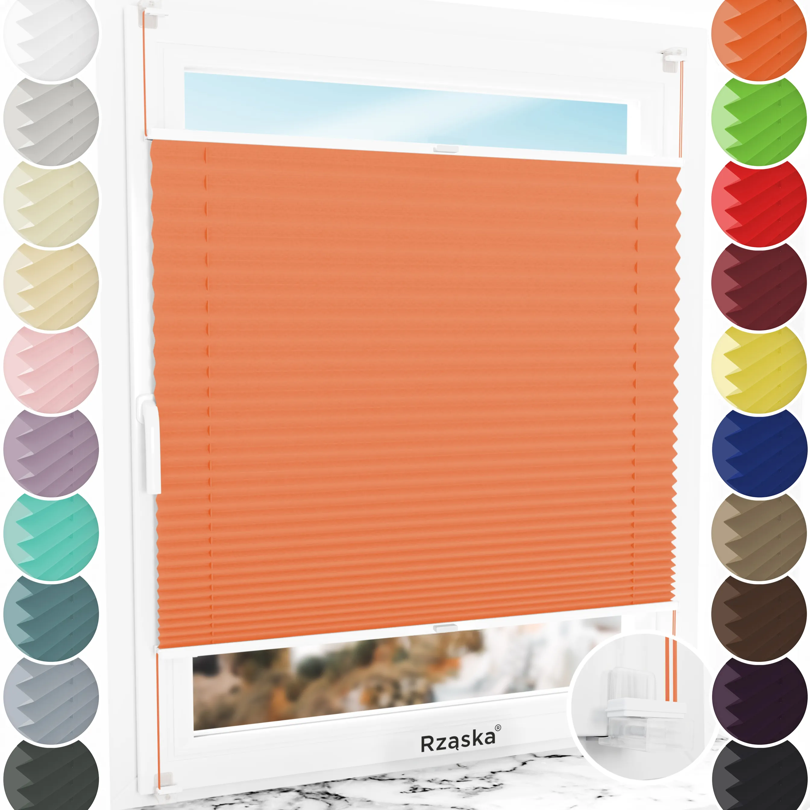 Bezinwazyjne plisy zaciemniające Rząska® na wymiar, uchwyty Risinfix Incognito X do zaciskania, kolekcja Thermo w kolorze Brzoskwinia, pomarańczowym z profilem białym.