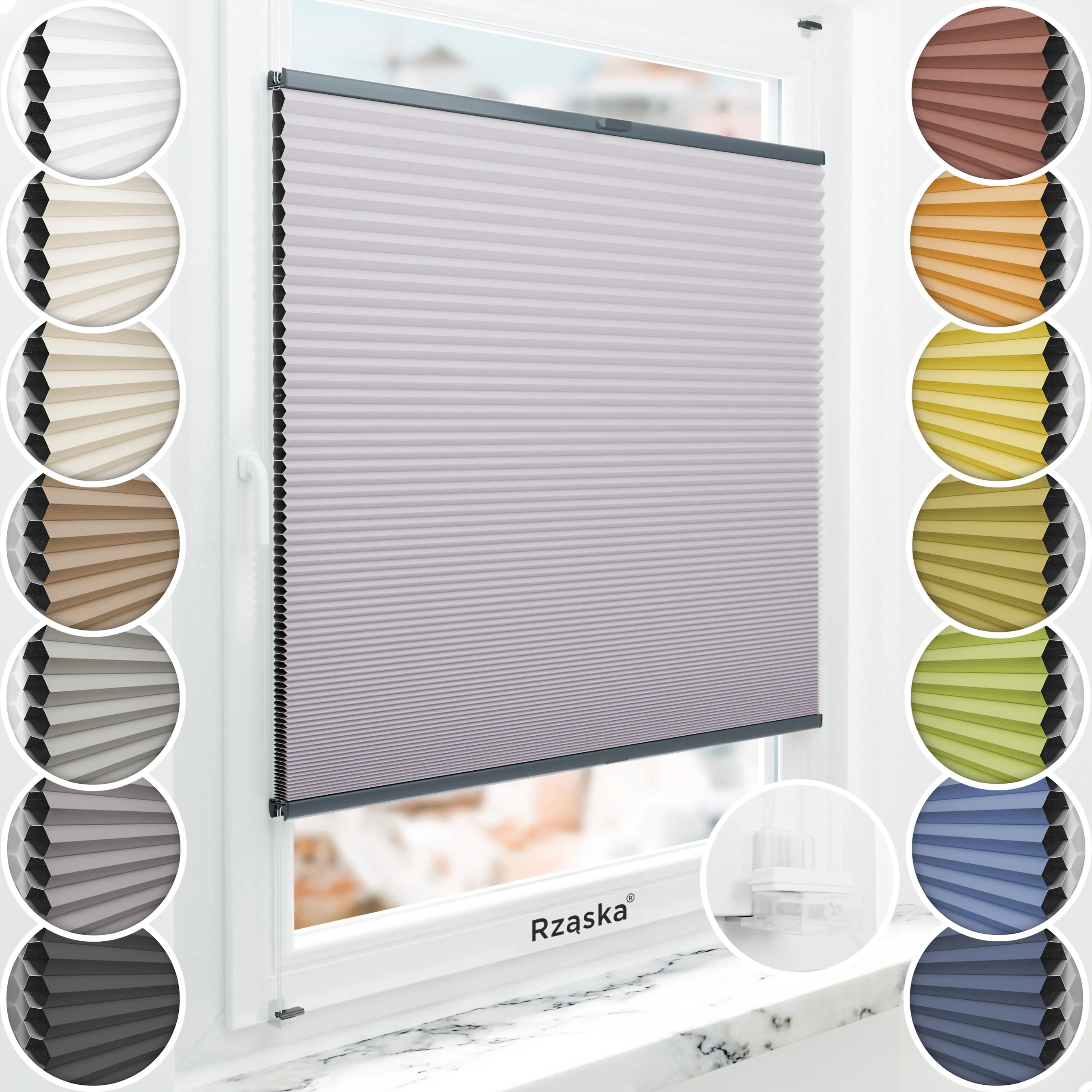 Bezinwazyjne plisy okienne Rząska® na wymiar o strukturze plastra miodu kolekcja Honeycomb w kolorze Japońska Wiśnia, pastelowy fiolet z profilem antracytowym.