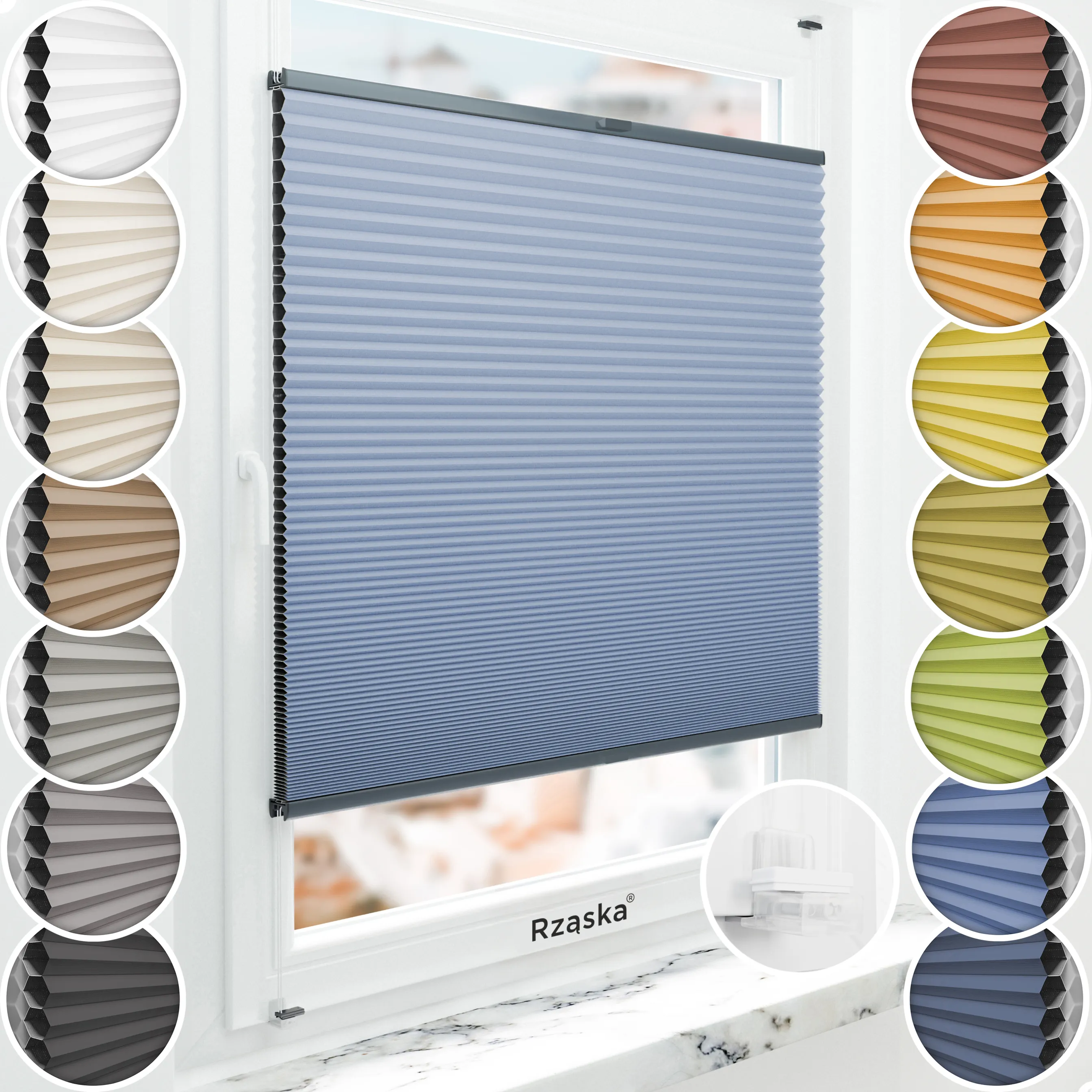 Bezinwazyjne plisy okienne Rząska® na wymiar o strukturze plastra miodu kolekcja Honeycomb w kolorze Lodowy Ocean, jasnoniebieskim z profilem antracytowym.