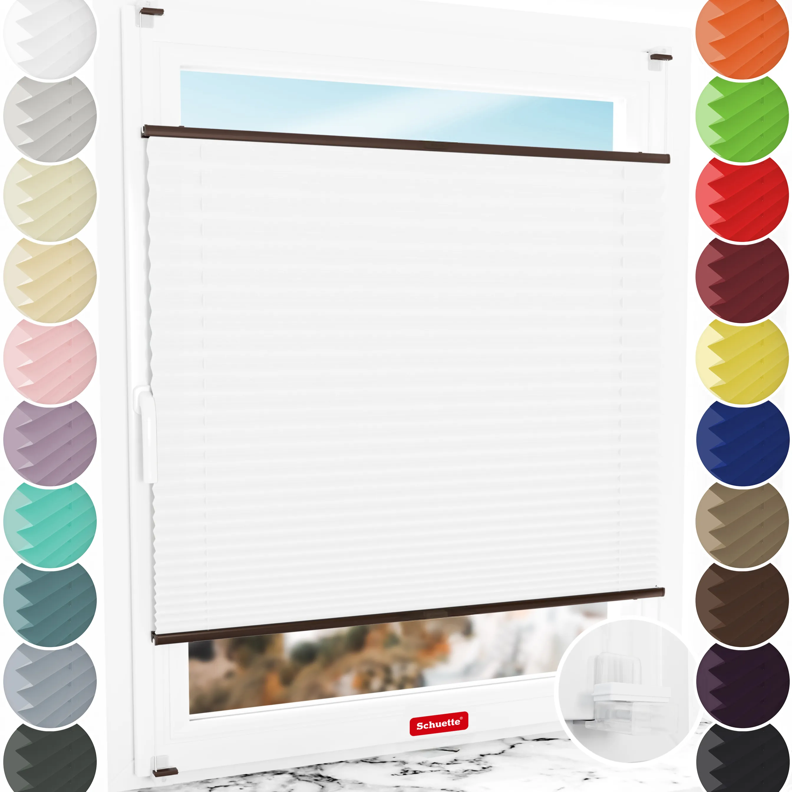 Bezinwazyjne plisy zaciemniające Rząska® na wymiar, uchwyty Risinfix Incognito X do zaciskania, kolekcja Thermo w kolorze Białe święto, białym z profilem brązowym.