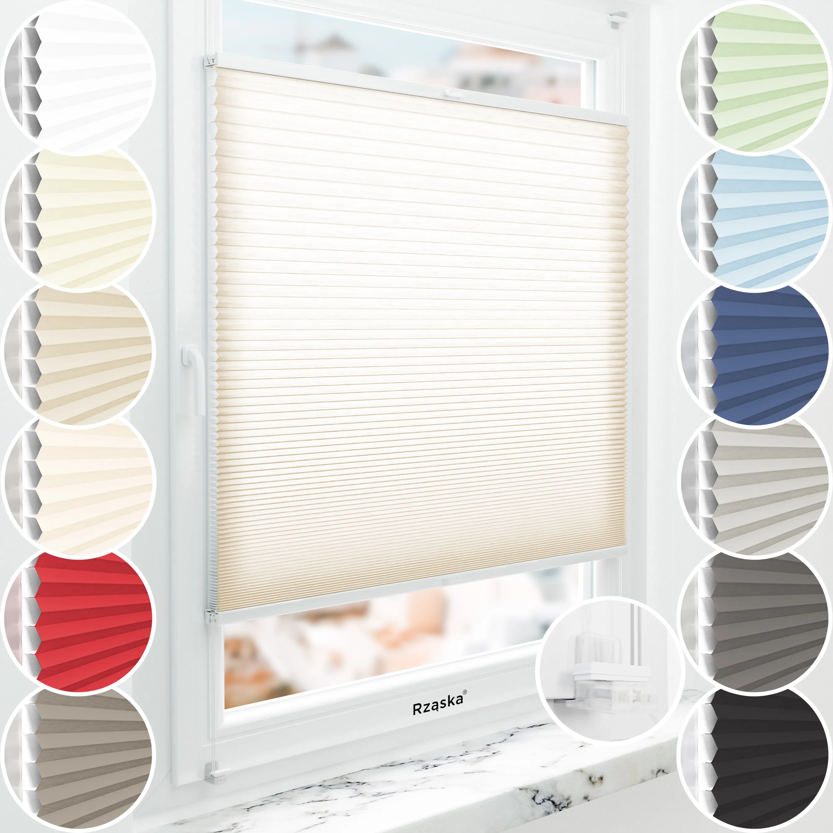 Rząska® bezinwazyjne plisy zaciemniające na wymiar • Thermo Honeycomb (Plaster Miodu): kolor tkaniny Krem Sezamowy, kremowy • Risinfix do zaciskania (transparent) • kolor profili biały