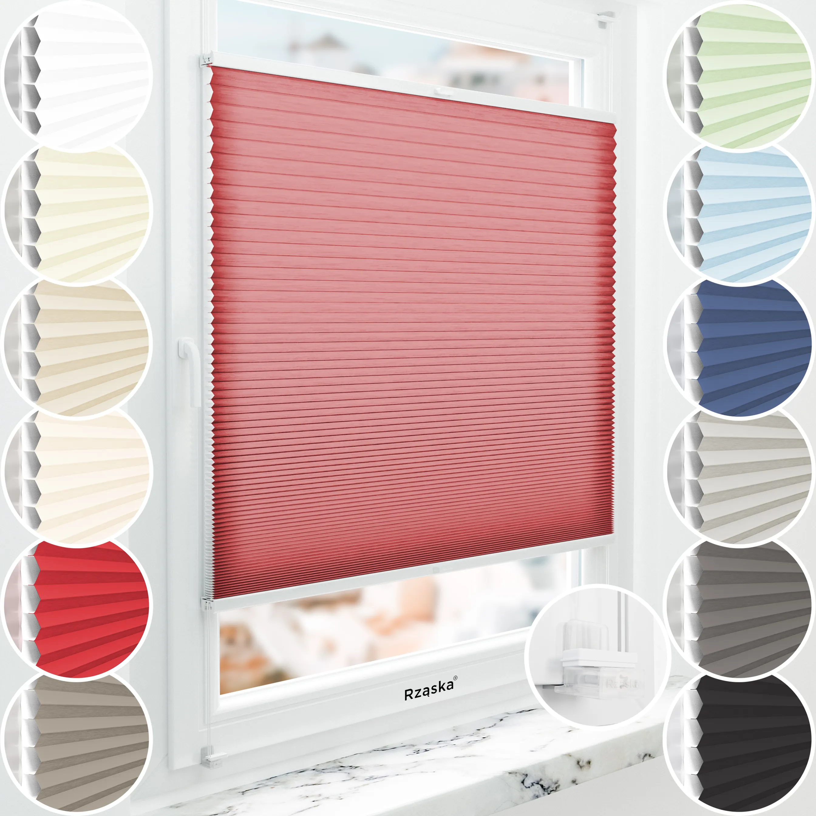 Rząska® bezinwazyjne plisy zaciemniające na wymiar • Thermo Honeycomb (Plaster Miodu): kolor tkaniny Soczysta Wiśnia, czerwony • Risinfix do zaciskania (transparent) • kolor profili biały