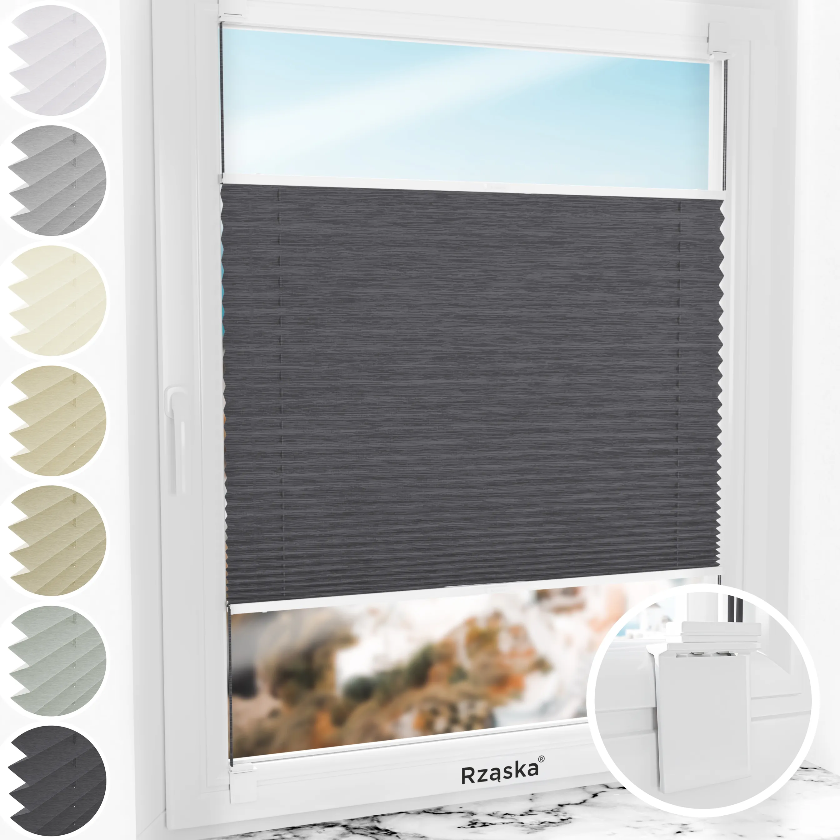 Bezinwazyjne rolety plisowane Rząska® na wymiar, uchwyty Risinfix do klejenia, kolekcja Dolomite w kolorze Ciemny vintage, szarym z profilem białym.