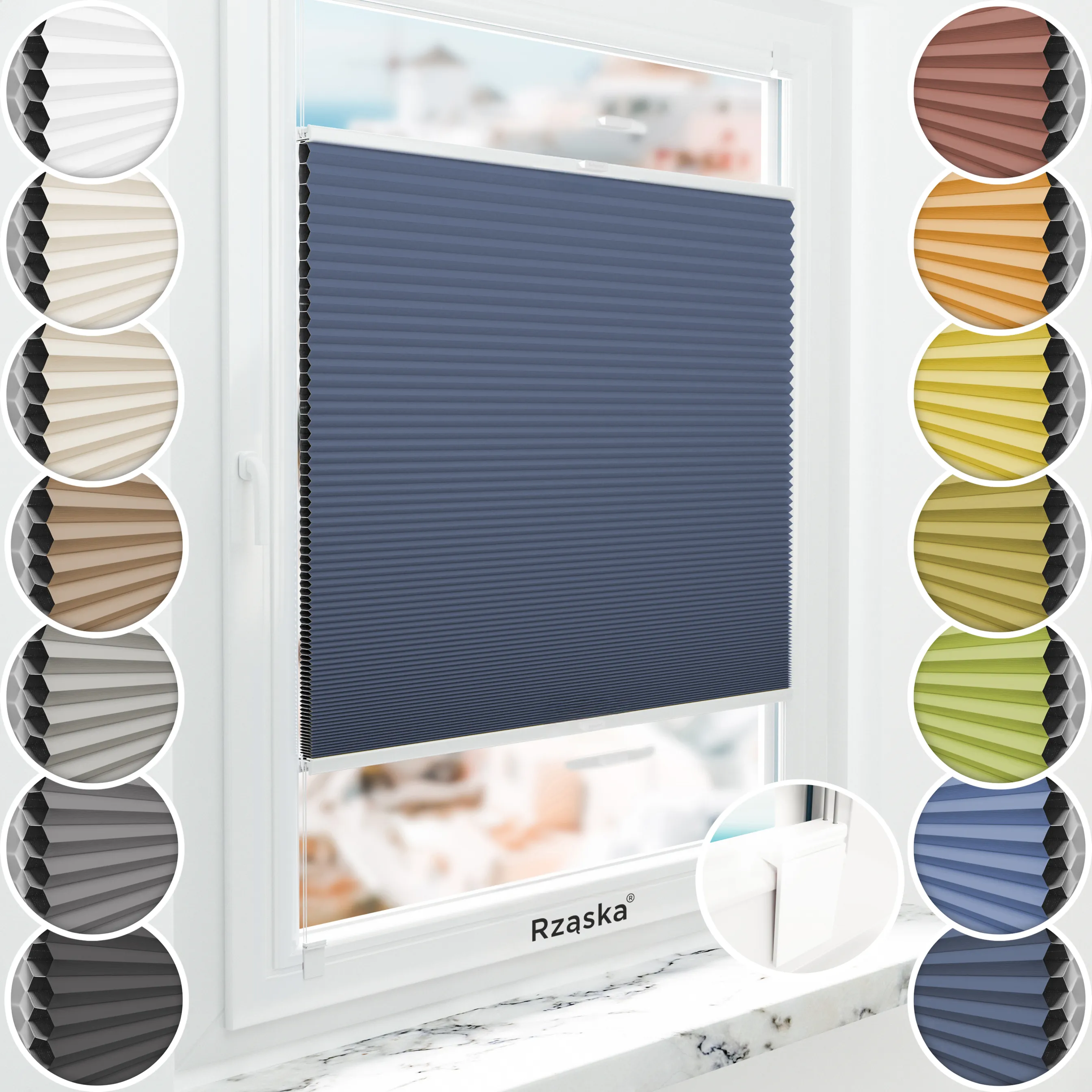 Bezinwazyjna roleta termoizolacyjna Rząska® na wymiar o strukturze plastra miodu kolekcja Honeycomb w kolorze Arktyczny ocean, ciemnoniebieskim z profilem białym.