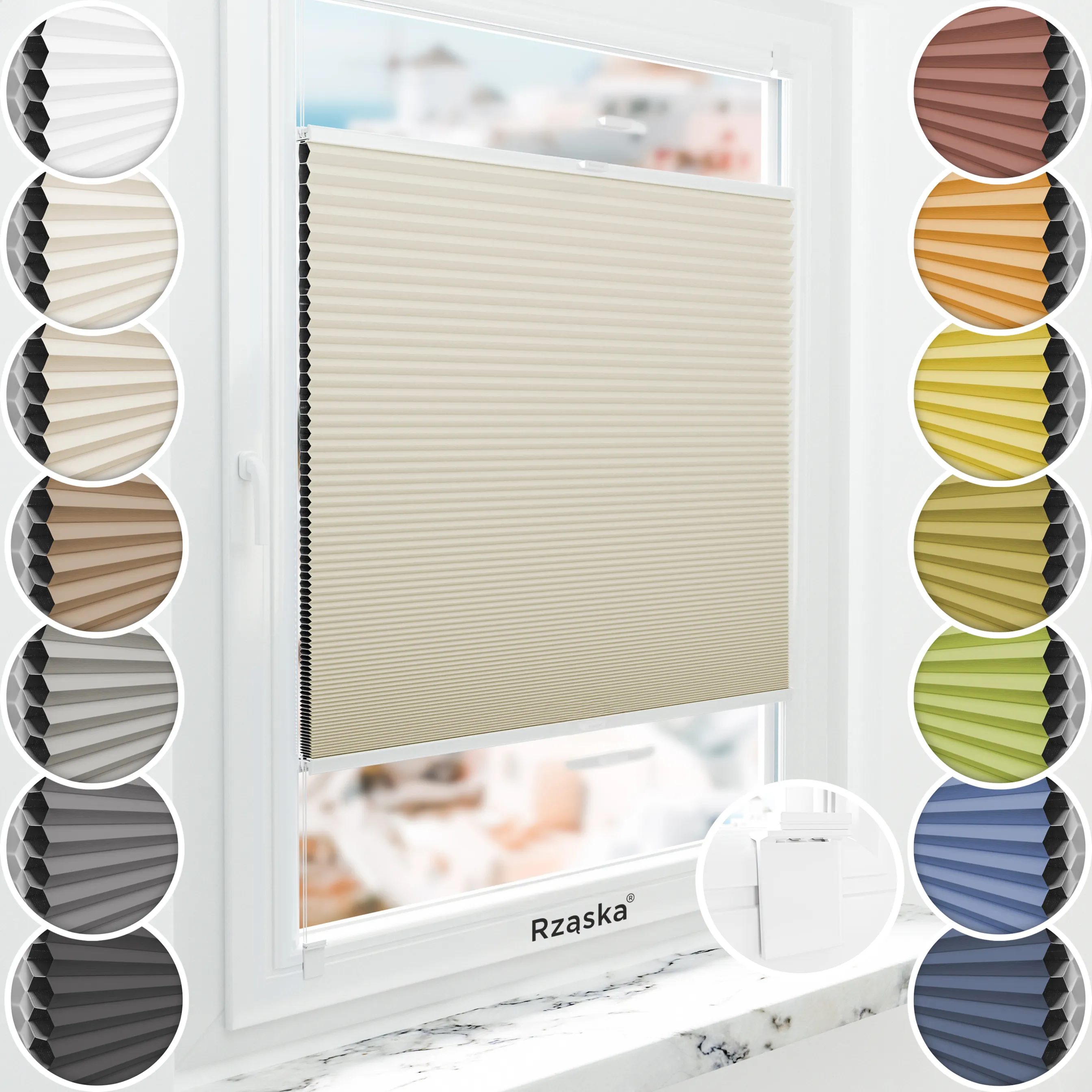 Bezinwazyjna roleta termoizolacyjna Rząska® na wymiar o strukturze plastra miodu kolekcja Honeycomb w kolorze Belgijskie Gofry, kremowym z profilem białym.