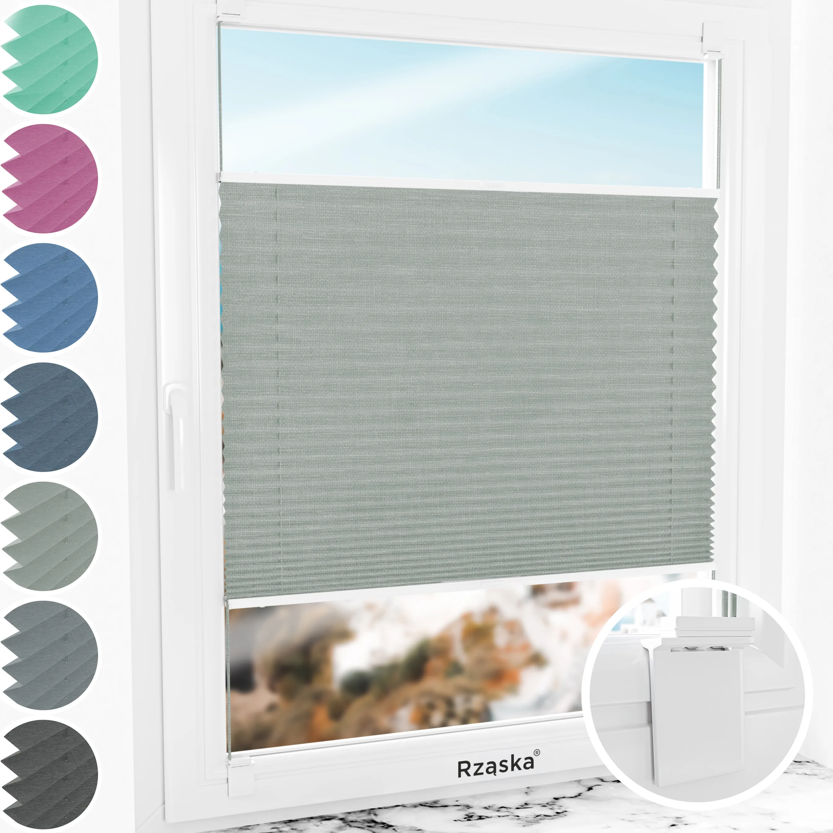Bezinwazyjne rolety plisowane Rząska® na wymiar, uchwyty Risinfix do klejenia, kolekcja Melange w kolorze W drodze, szarym z profilem białym.