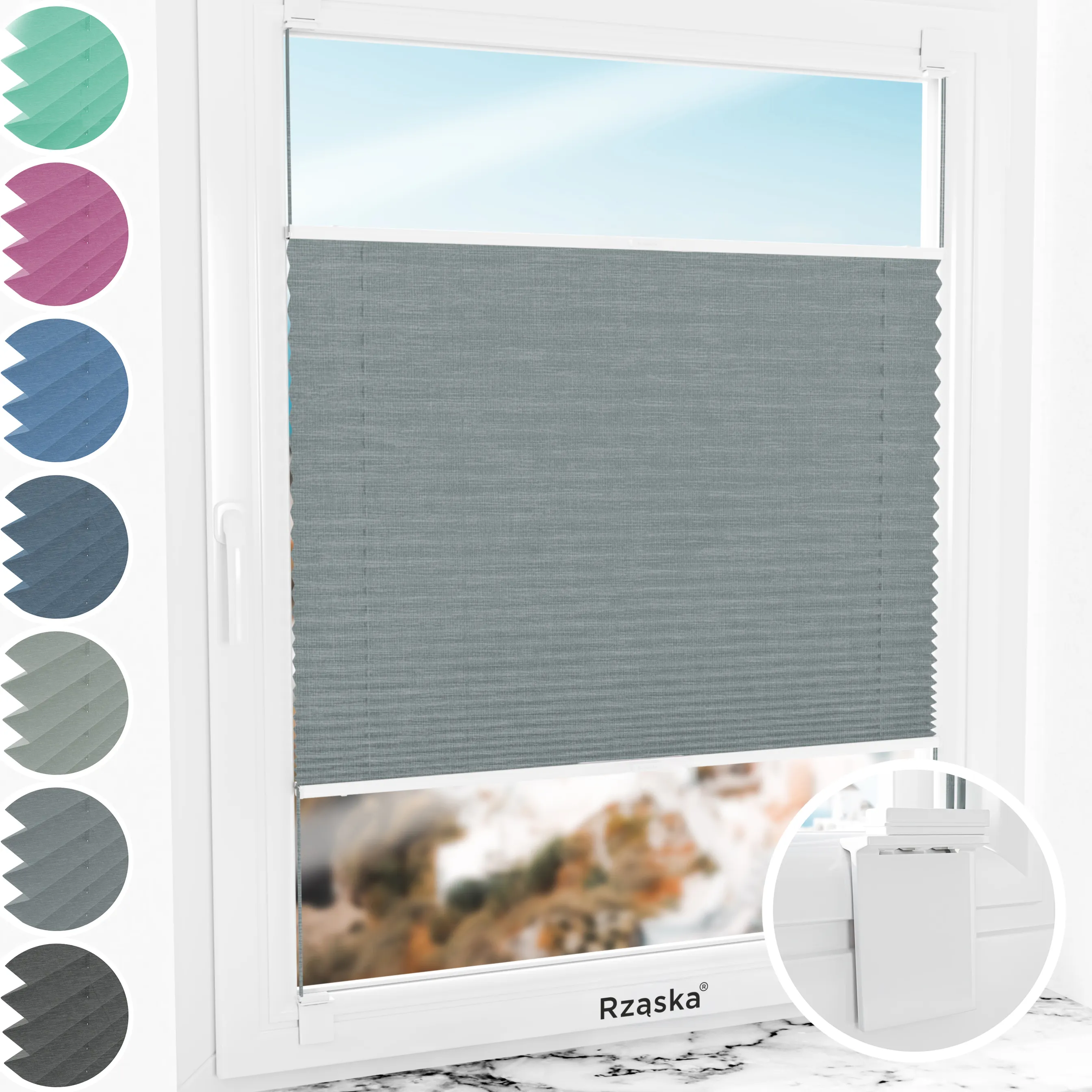 Bezinwazyjne rolety plisowane Rząska® na wymiar, uchwyty Risinfix do klejenia, kolekcja Melange w kolorze Góry skaliste, szarym z profilem białym.