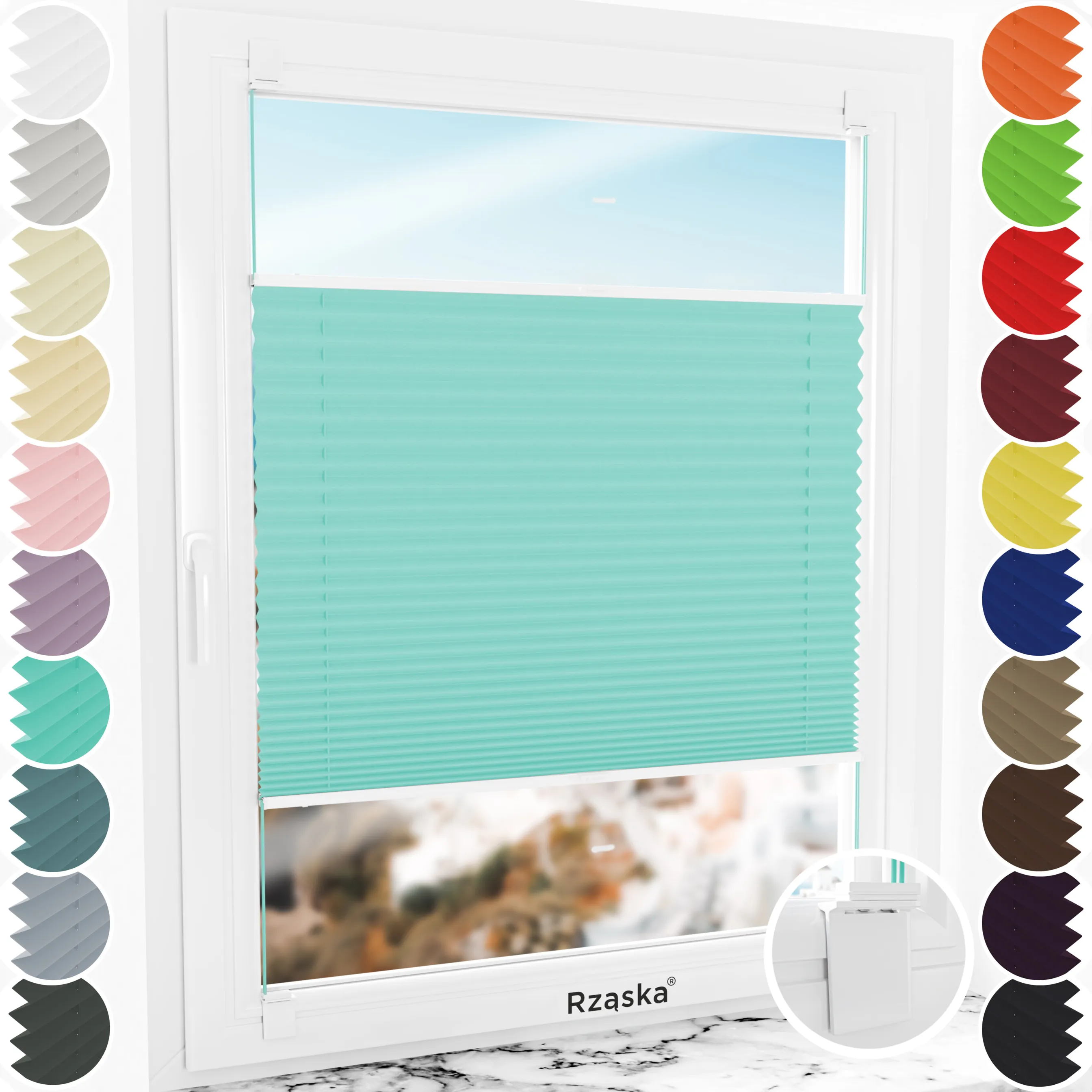 Bezinwazyjne rolety plisowane Rząska® na wymiar, uchwyty Risinfix do klejenia, kolekcja Premium w kolorze Błękitny ocean, turkusowym z profilem białym.