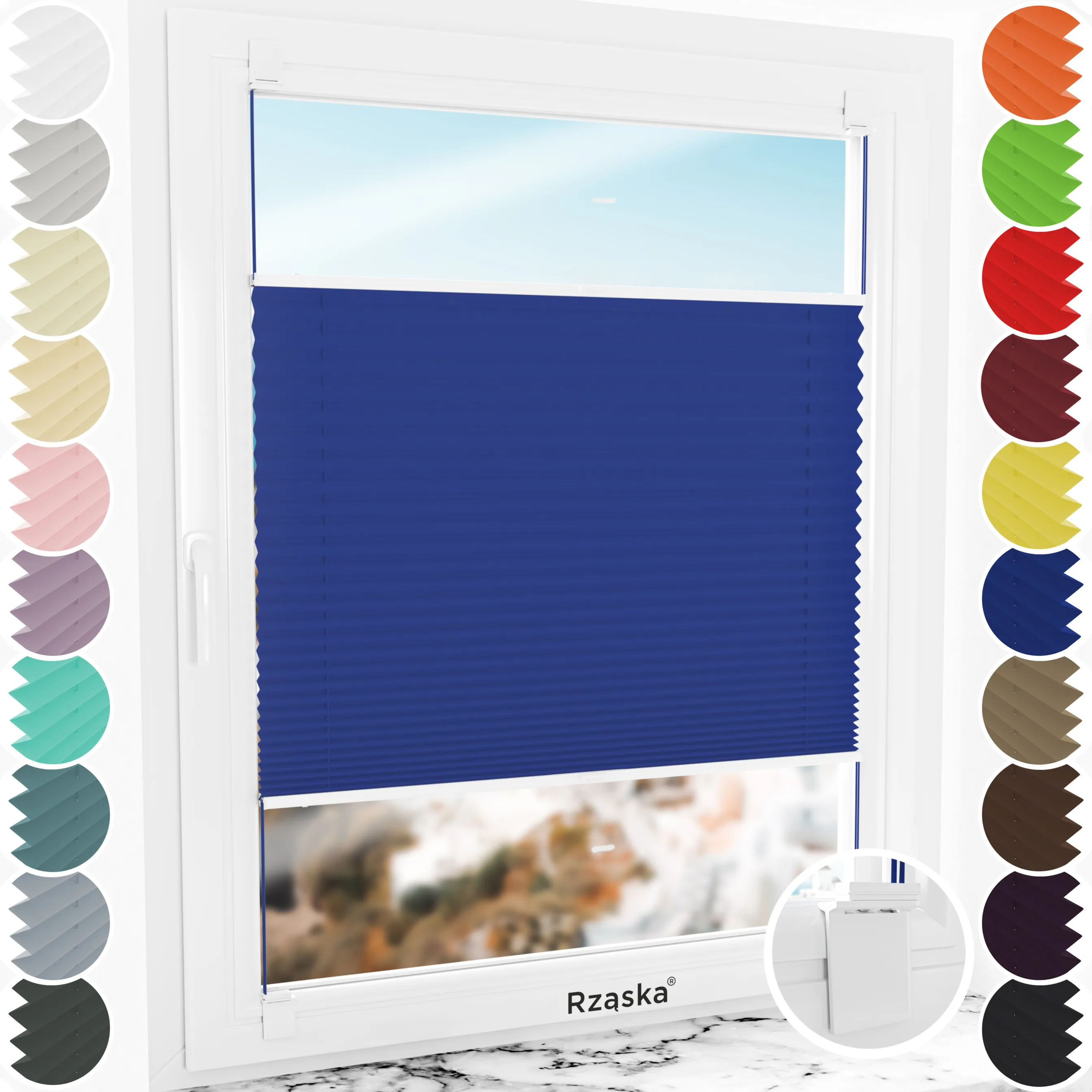 Bezinwazyjne rolety plisowane Rząska® na wymiar, uchwyty Risinfix do klejenia, kolekcja Premium w kolorze Błękitna laguna, niebieskim z profilem białym.