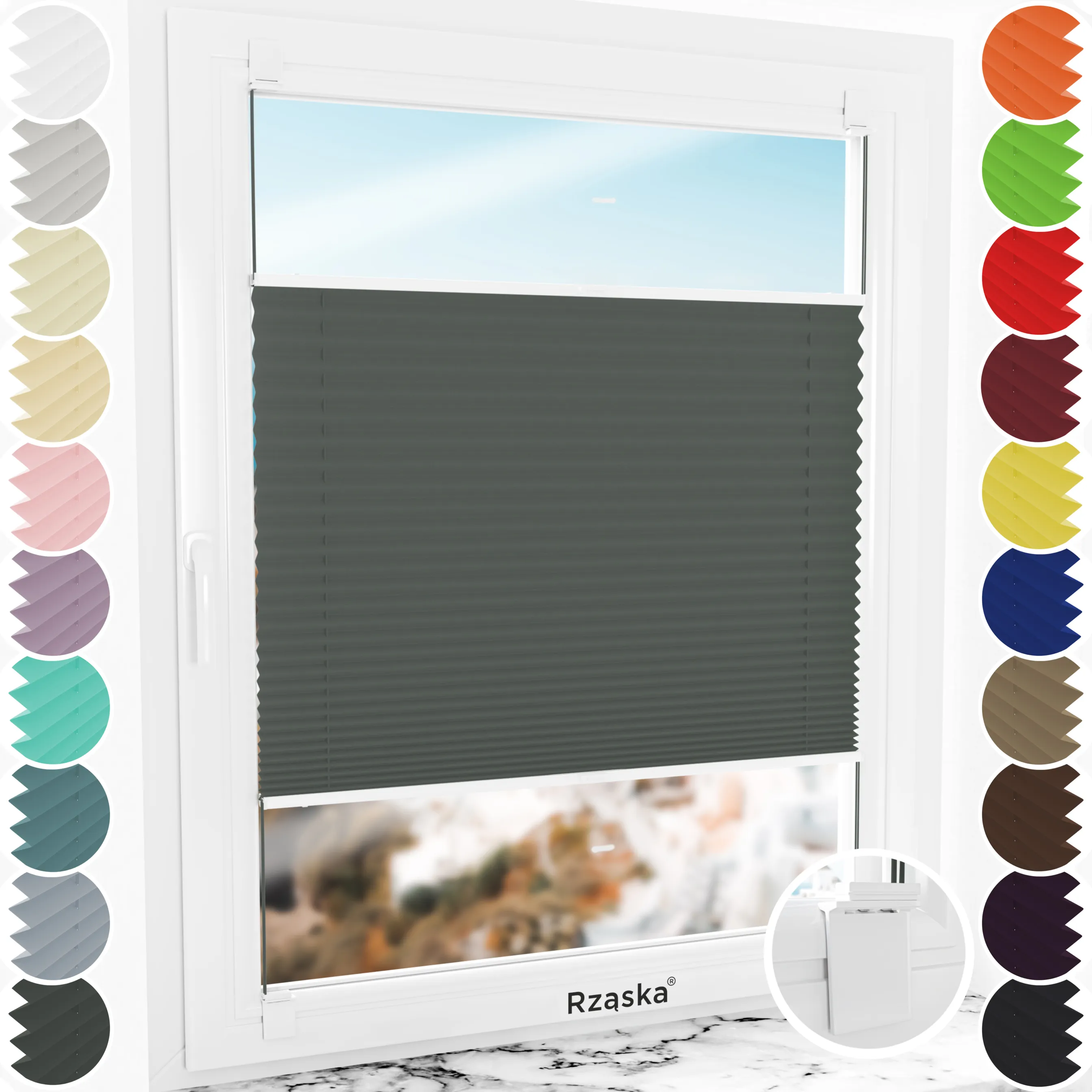 Bezinwazyjne rolety plisowane Rząska® na wymiar, uchwyty Risinfix do klejenia, kolekcja Thermo w kolorze Przed sztormem, szarym z profilem białym.