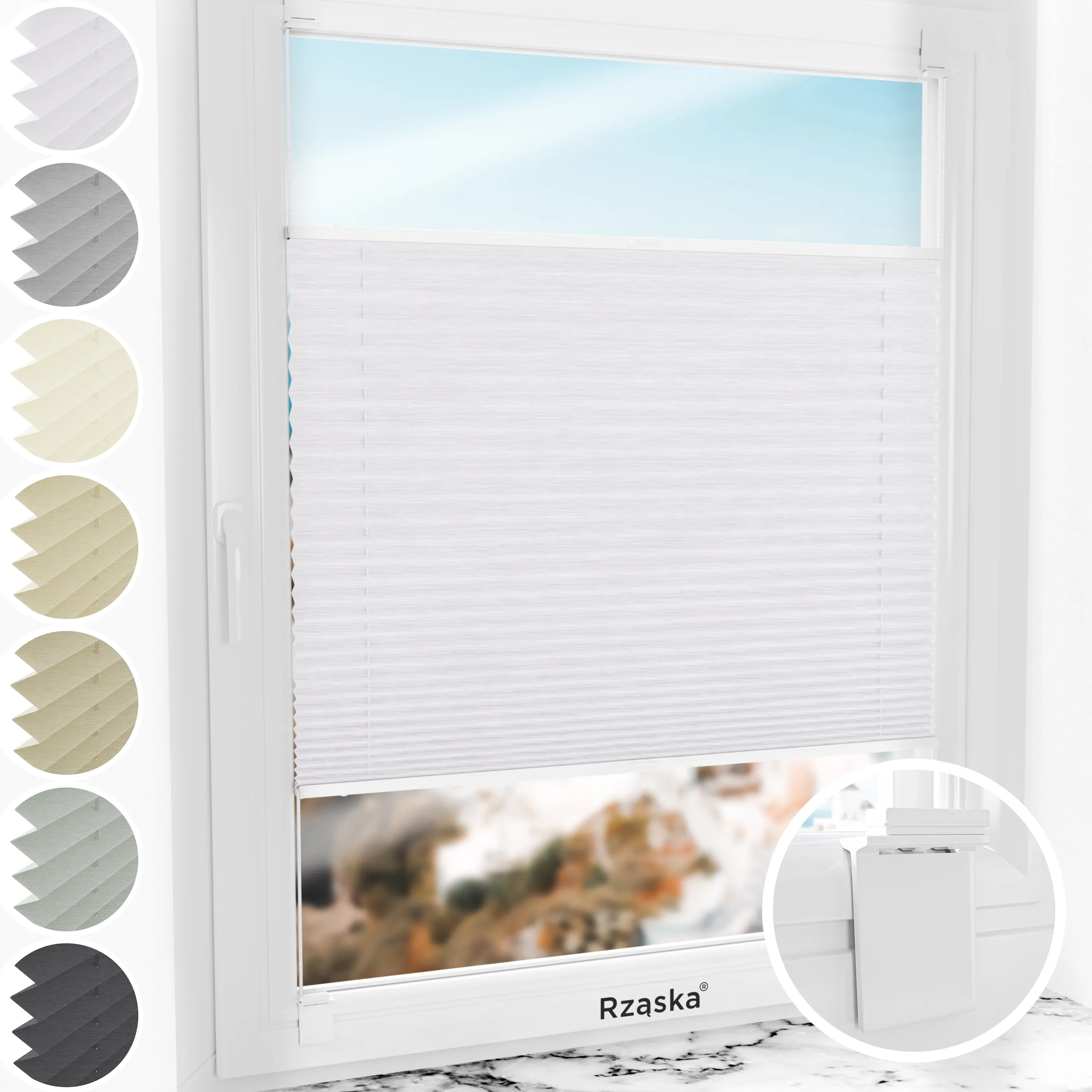 Bezinwazyjne rolety plisowane Rząska® na wymiar, uchwyty Risinfix do klejenia, kolekcja Dolomite w kolorze Zimny poranek, szarym z profilem orzechowym.