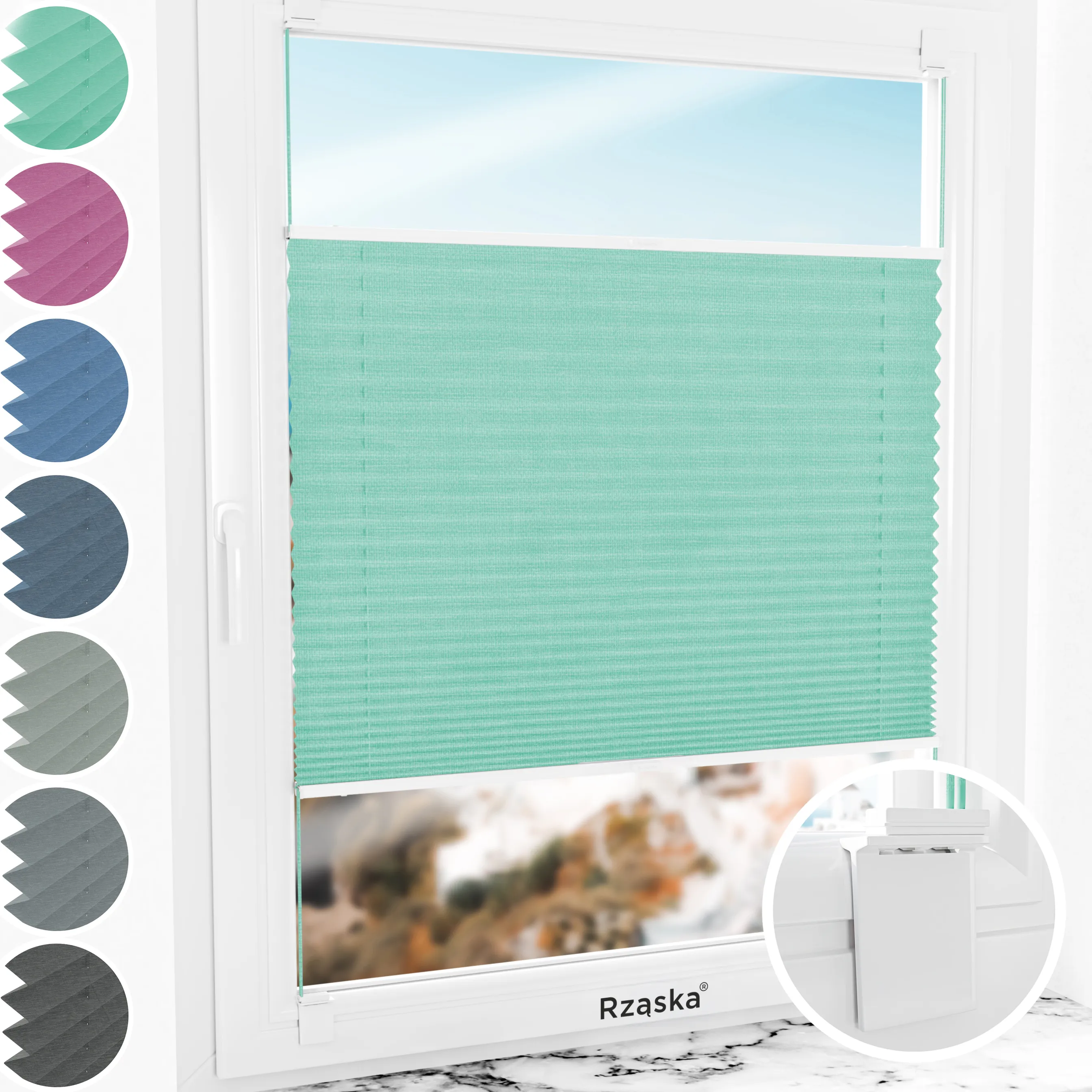 Bezinwazyjne rolety plisowane Rząska® na wymiar, uchwyty Risinfix do klejenia, kolekcja Melange w kolorze Miętowe lody, zielonym z profilem orzechowym.