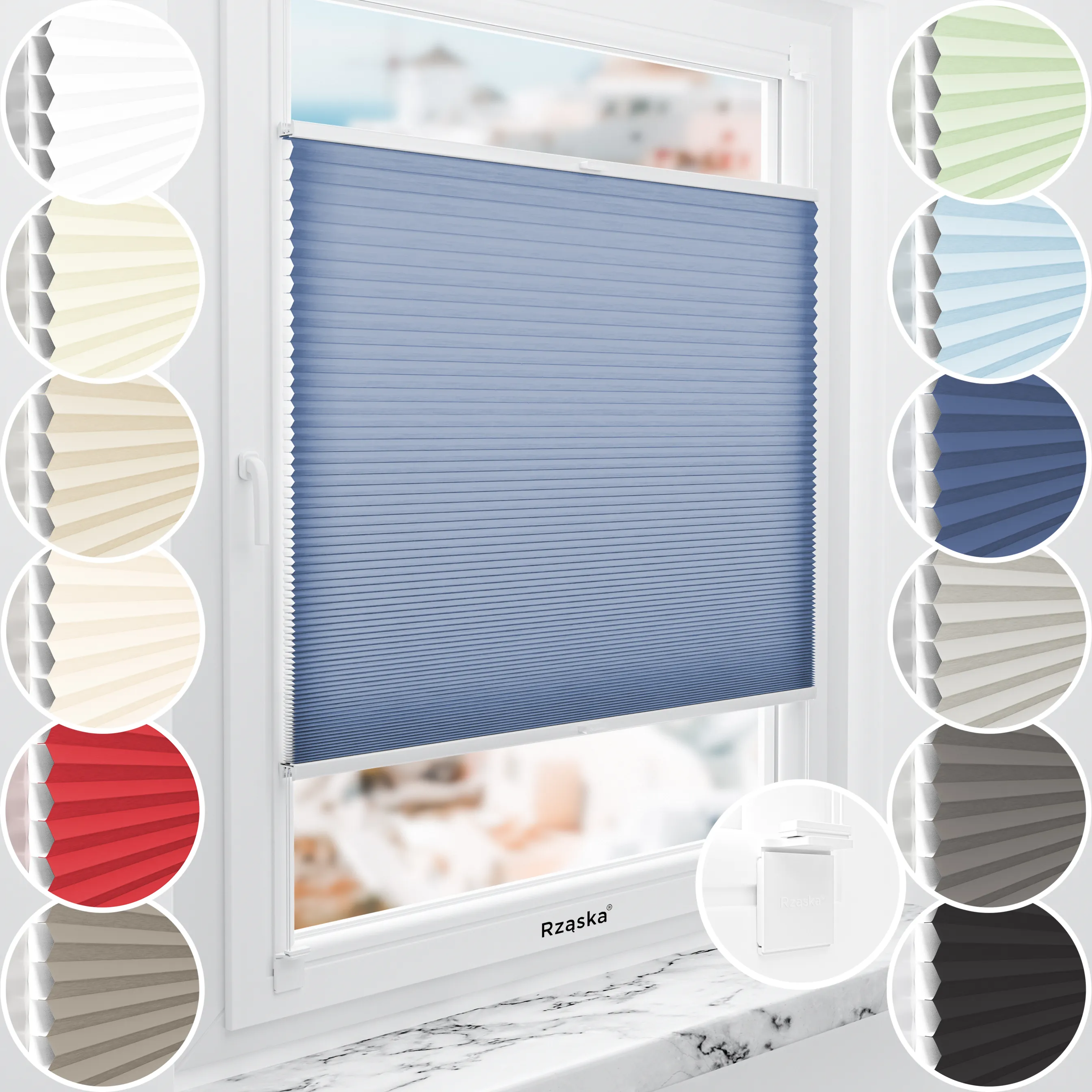 Rząska® bezinwazyjna roleta termoizolacyjna na wymiar • Thermo Honeycomb (Plaster Miodu): kolor tkaniny Borówkowy Blues, ciemnoniebieski • Risinfix do klejenia 2w1 • kolor profili biały
