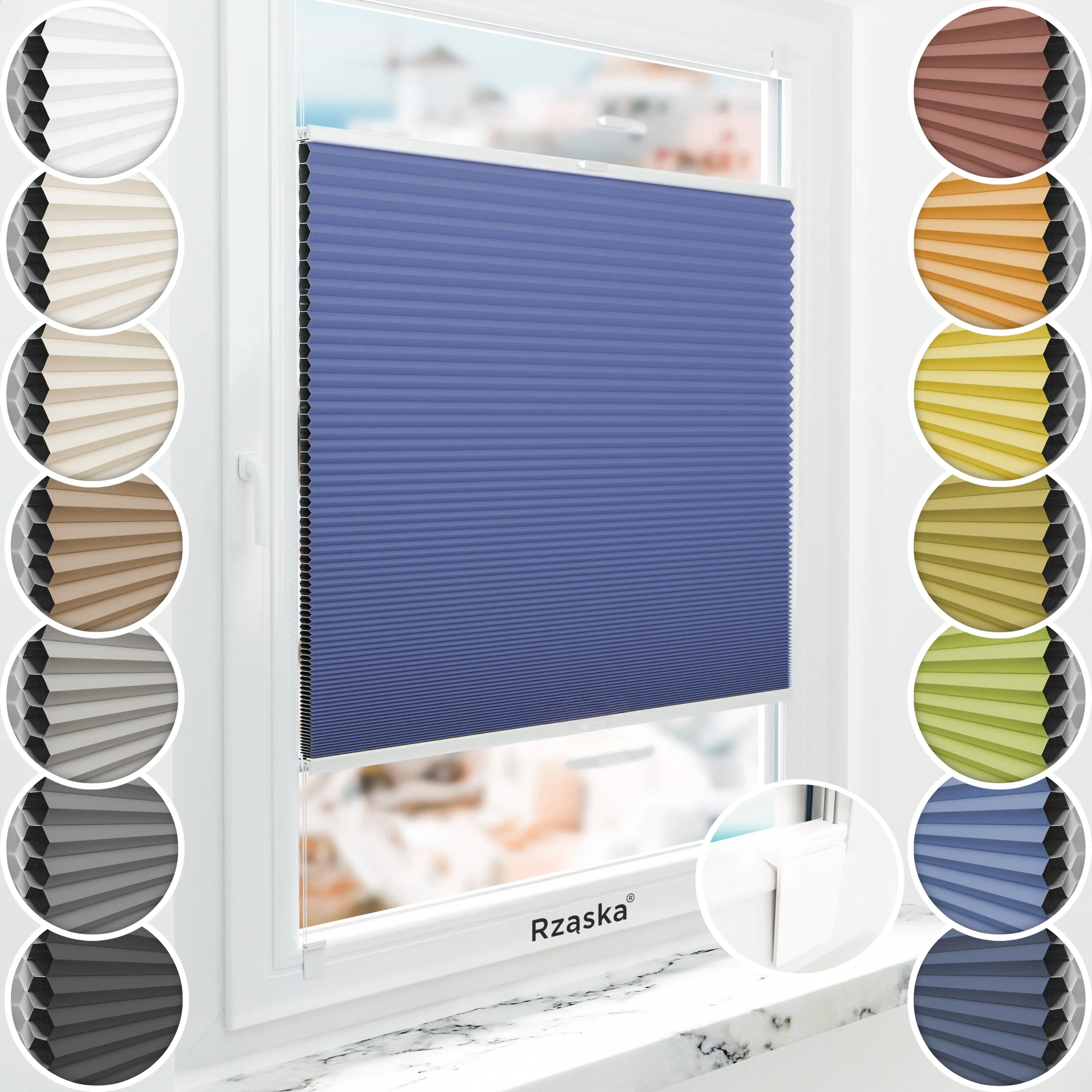 Bezinwazyjna roleta termoizolacyjna Rząska® na wymiar o strukturze plastra miodu kolekcja Honeycomb w kolorze Linia horyzontu, niebieskim z profilem białym.