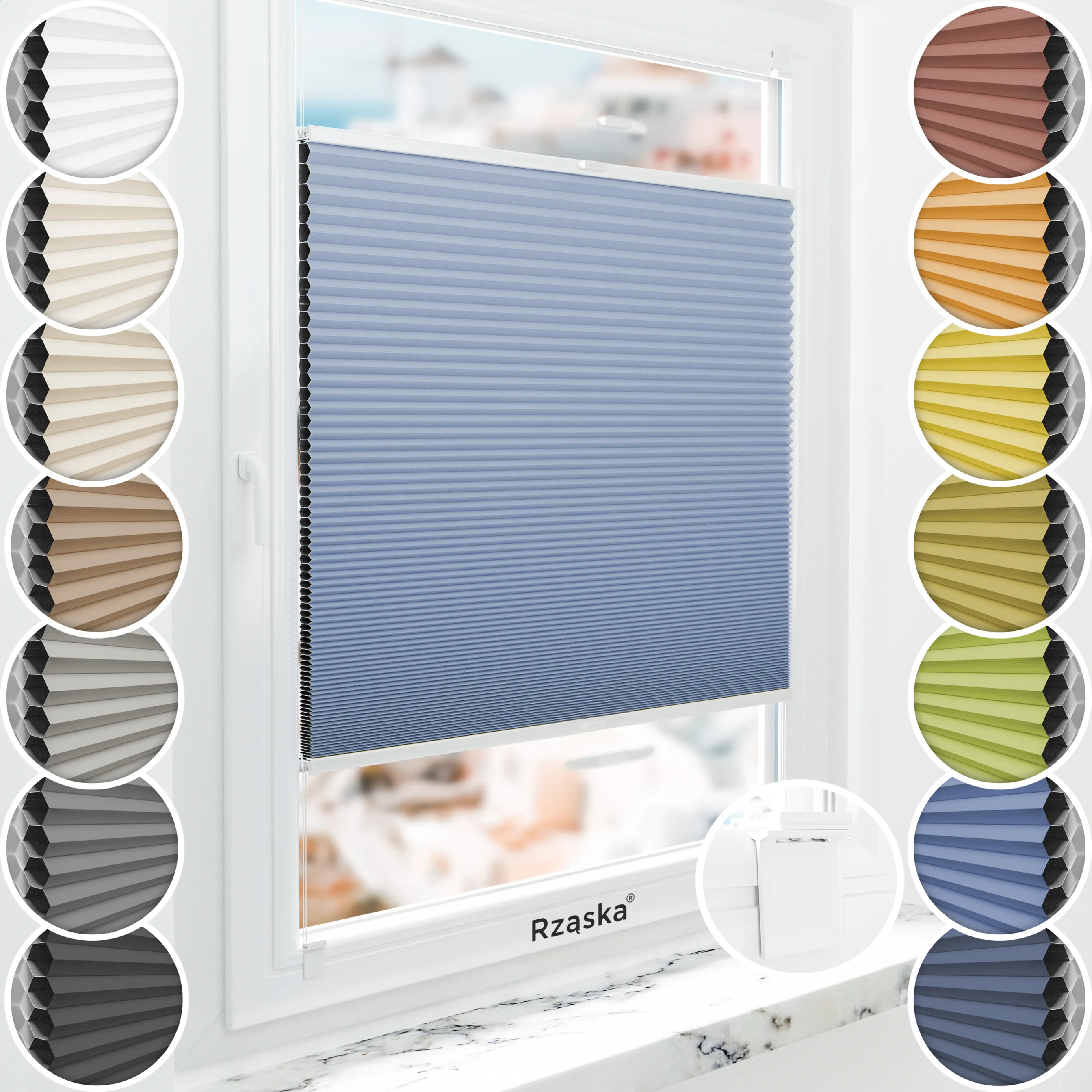 Bezinwazyjna roleta termoizolacyjna Rząska® na wymiar o strukturze plastra miodu kolekcja Honeycomb w kolorze Lodowy Ocean, jasnoniebieskim z profilem antracytowym.