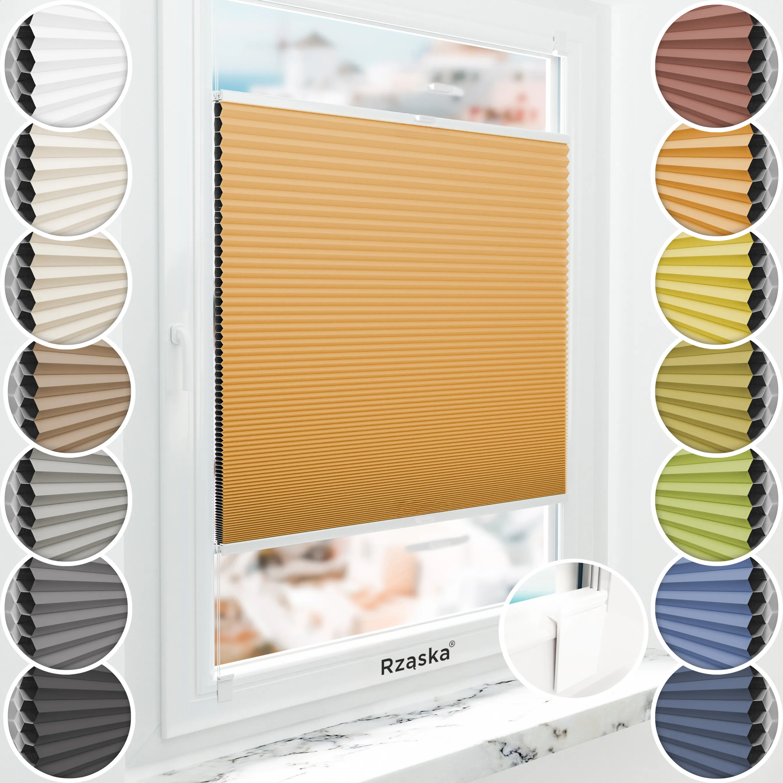 Bezinwazyjna roleta termoizolacyjna Rząska® na wymiar o strukturze plastra miodu kolekcja Honeycomb w kolorze Cytrusowa poświata, pomarańczowym z profilem brązowym.