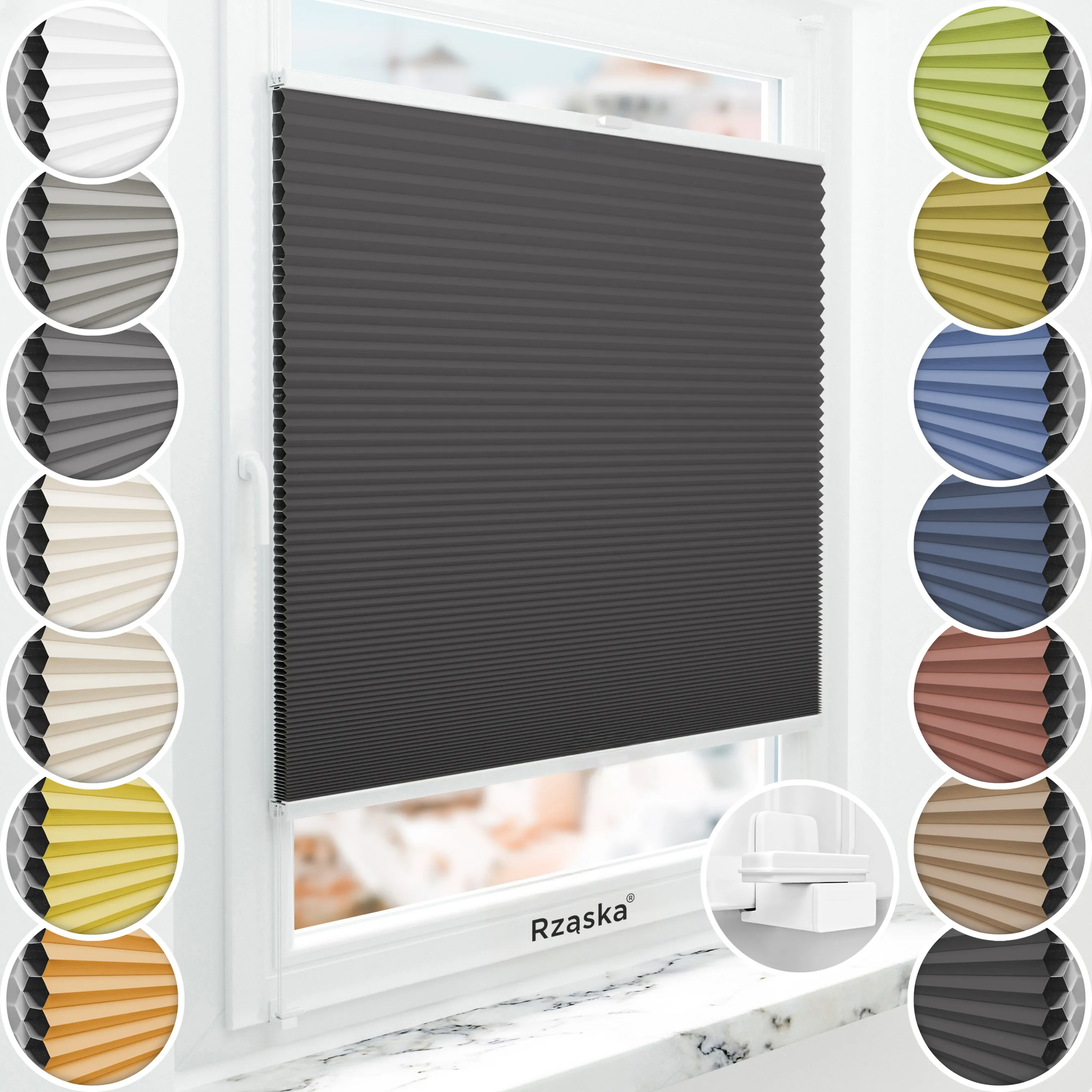 Bezinwazyjne plisy Blackout Rząska® na wymiar o strukturze plastra miodu kolekcja Honeycomb w kolorze Gwiaździsta noc, czarnym z profilem białym.